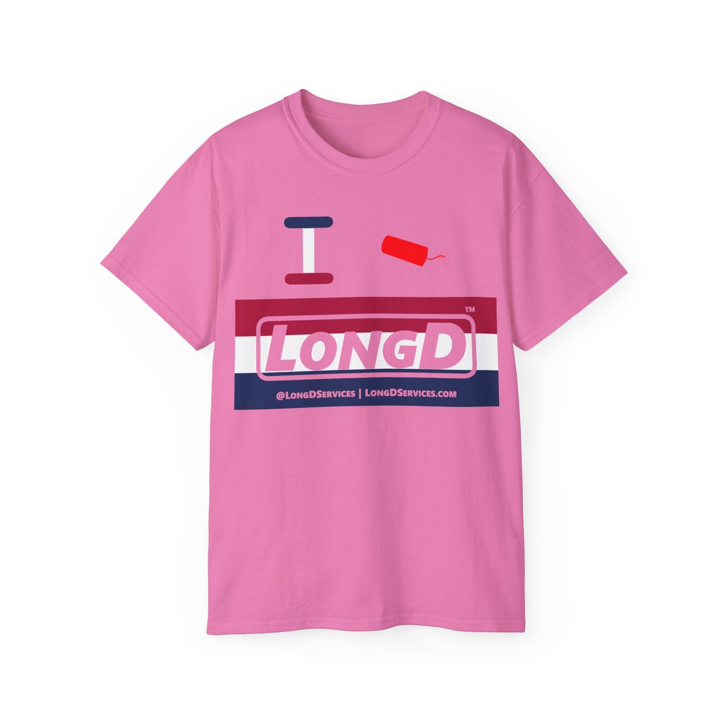 I Firecracker LongD® Logo Cotton Tee Red, White and Blue striped thirds text