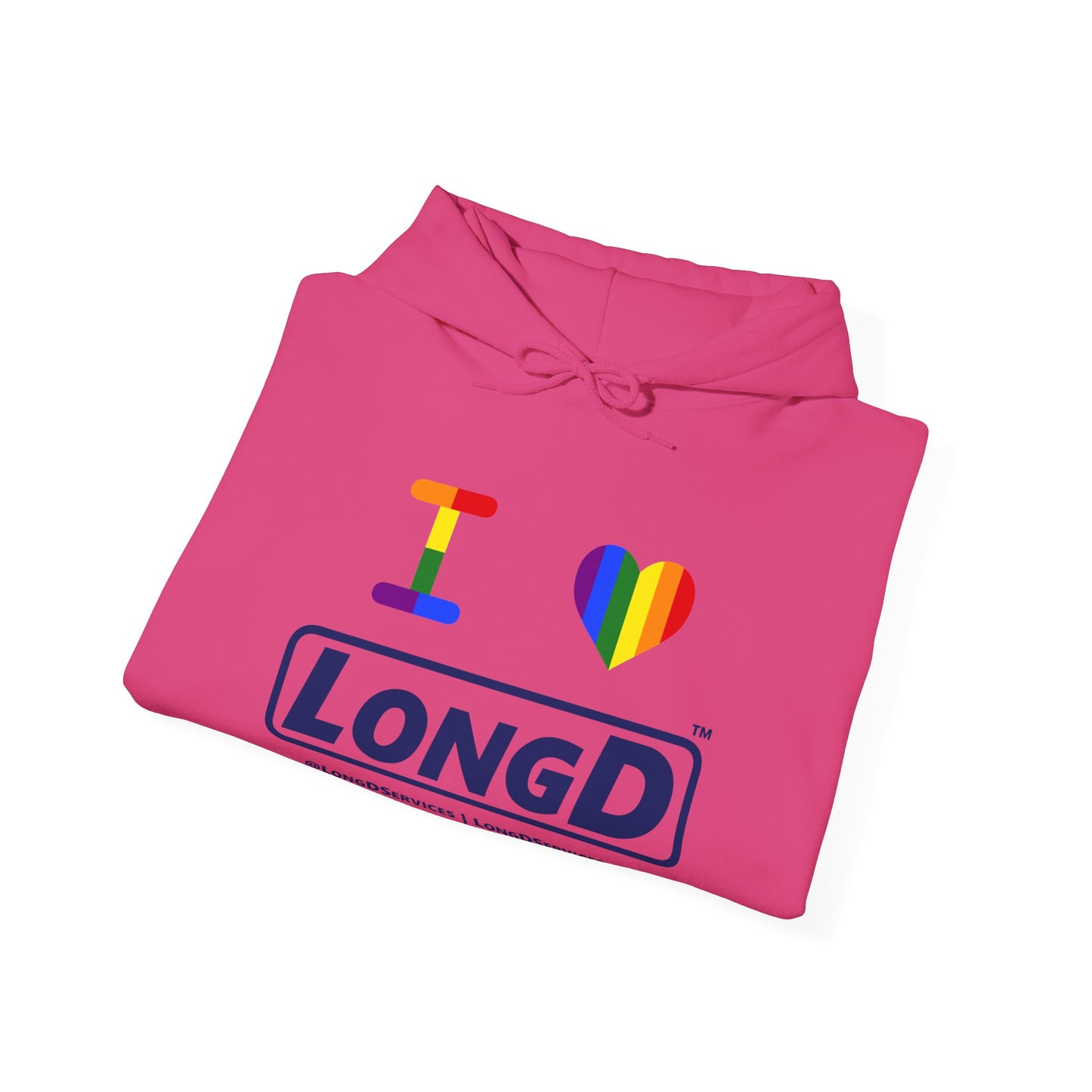 I Luv LongD® Official Logo Hoodie with Pride rainbow heart and positive text