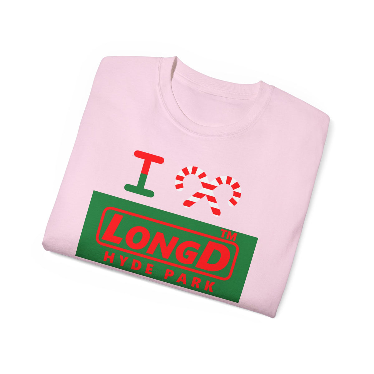 I candy cane LongD Hyde Park logo positive red on negative green cotton tee