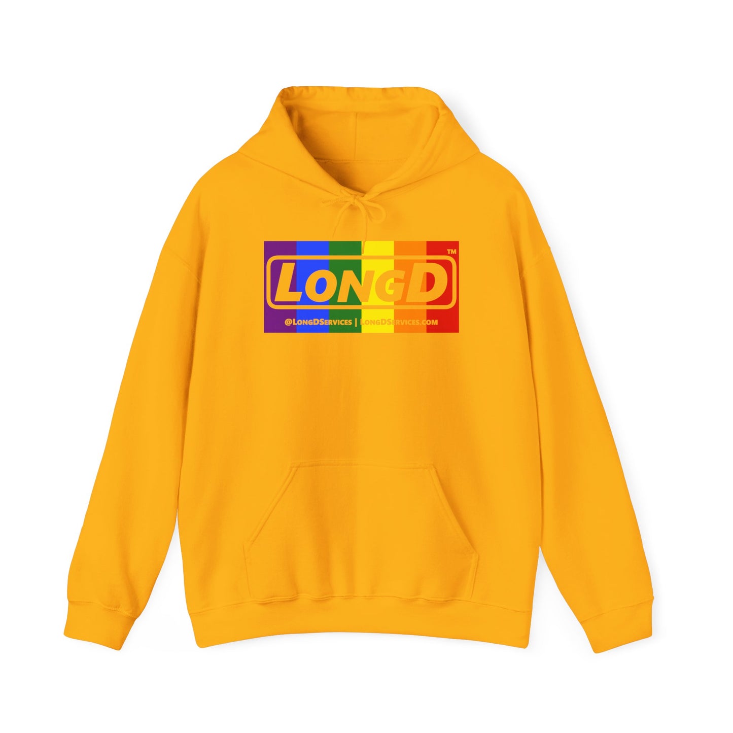 LongD® Logo Hoodie with Pride rainbow negative text