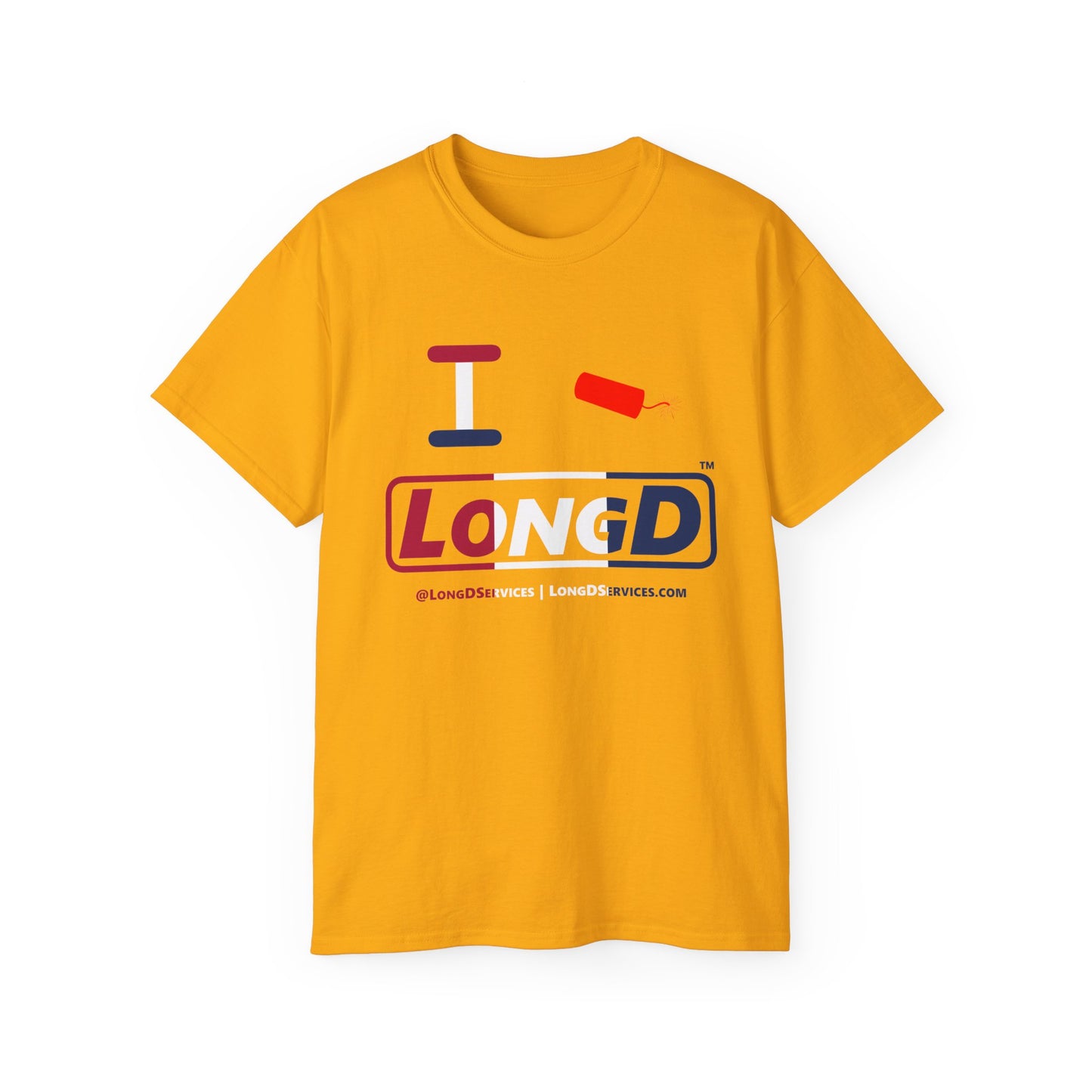 I Firecracker LongD® Logo Cotton Tee Red, White and Blue positive thirds text