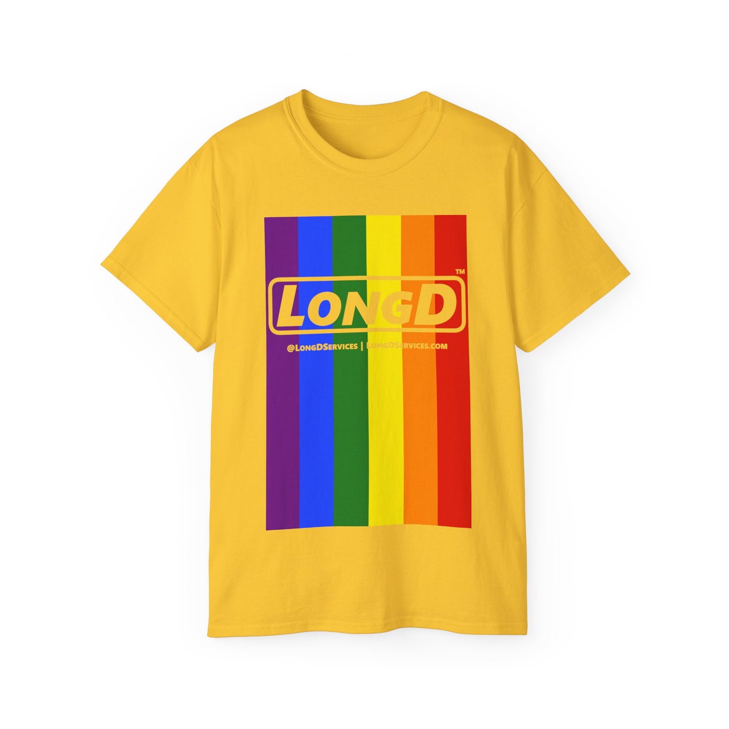 LongD® Logo Cotton Tee Pride rainbow vertical flag negative text