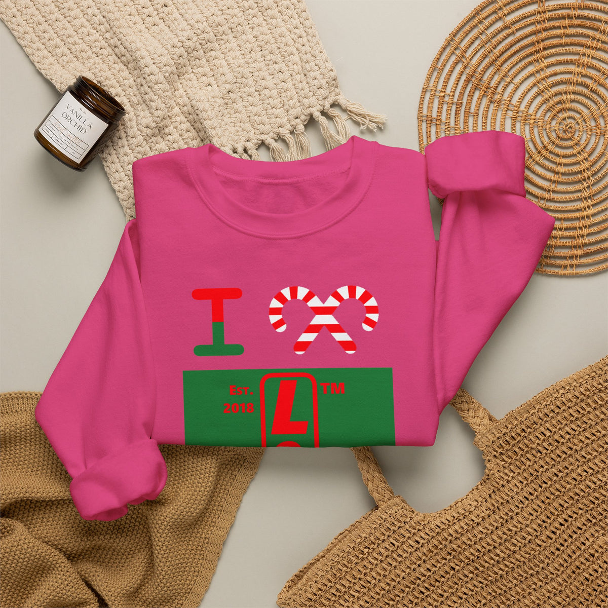 I candy cane LongD Hyde Park upright logo positive red on negative green crewneck sweatshirt