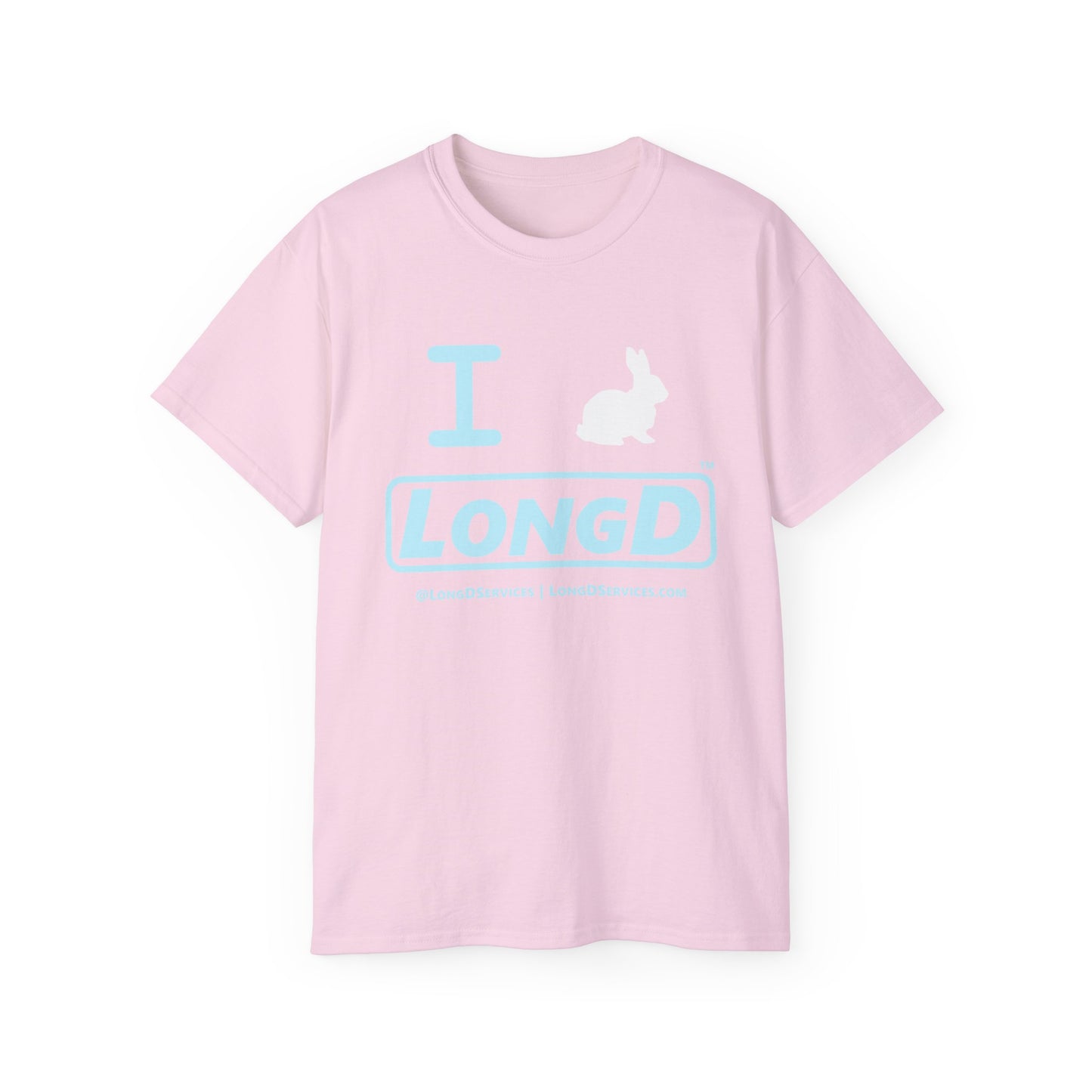 I Bunny LongD® Logo Cotton Tee Easter pastel blue text (white Easter Bunny)