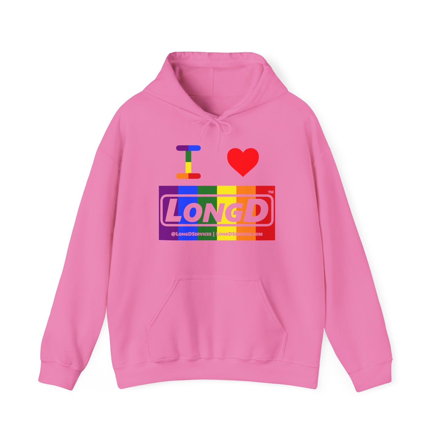 I Luv LongD® Logo Hoodie with Pride rainbow negative text