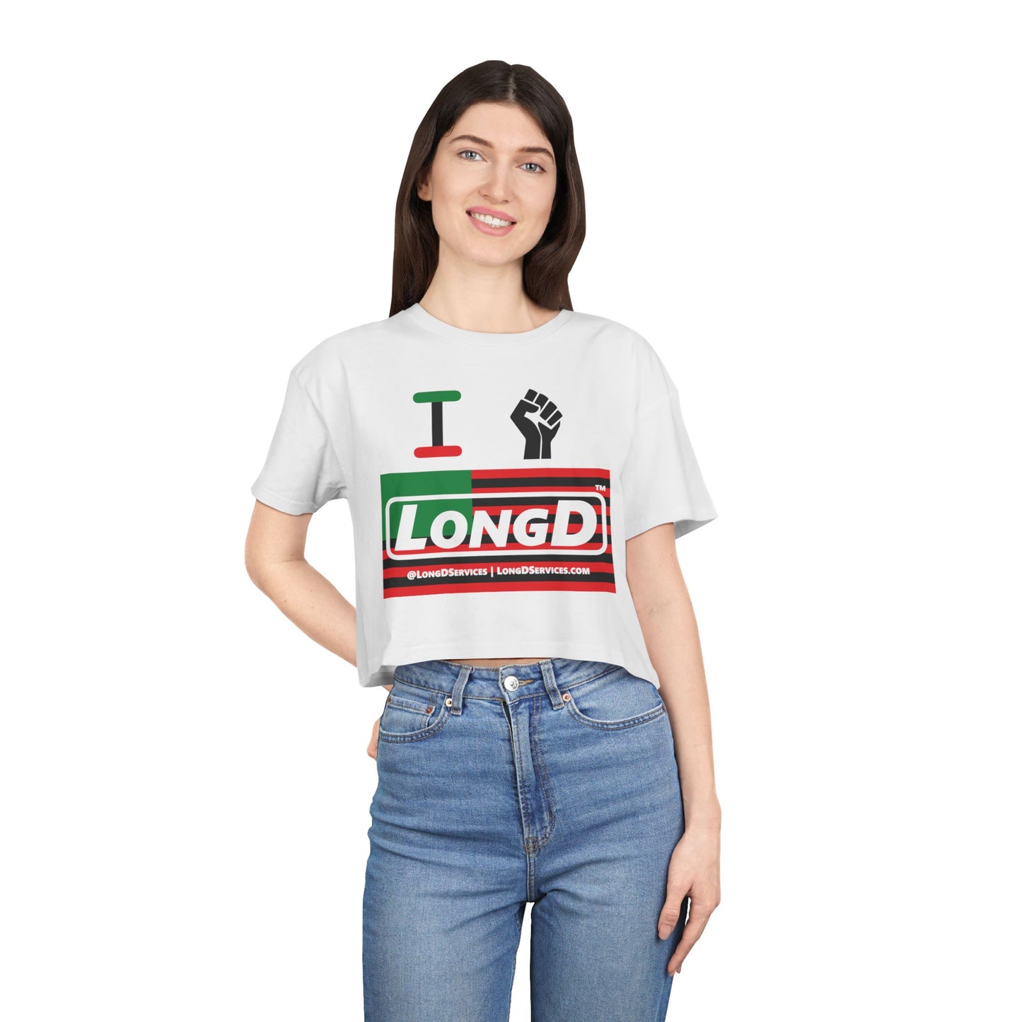 I Fist LongD Logo Women's Crop Tee (Black fist and Juneteenth negative flag logo)
