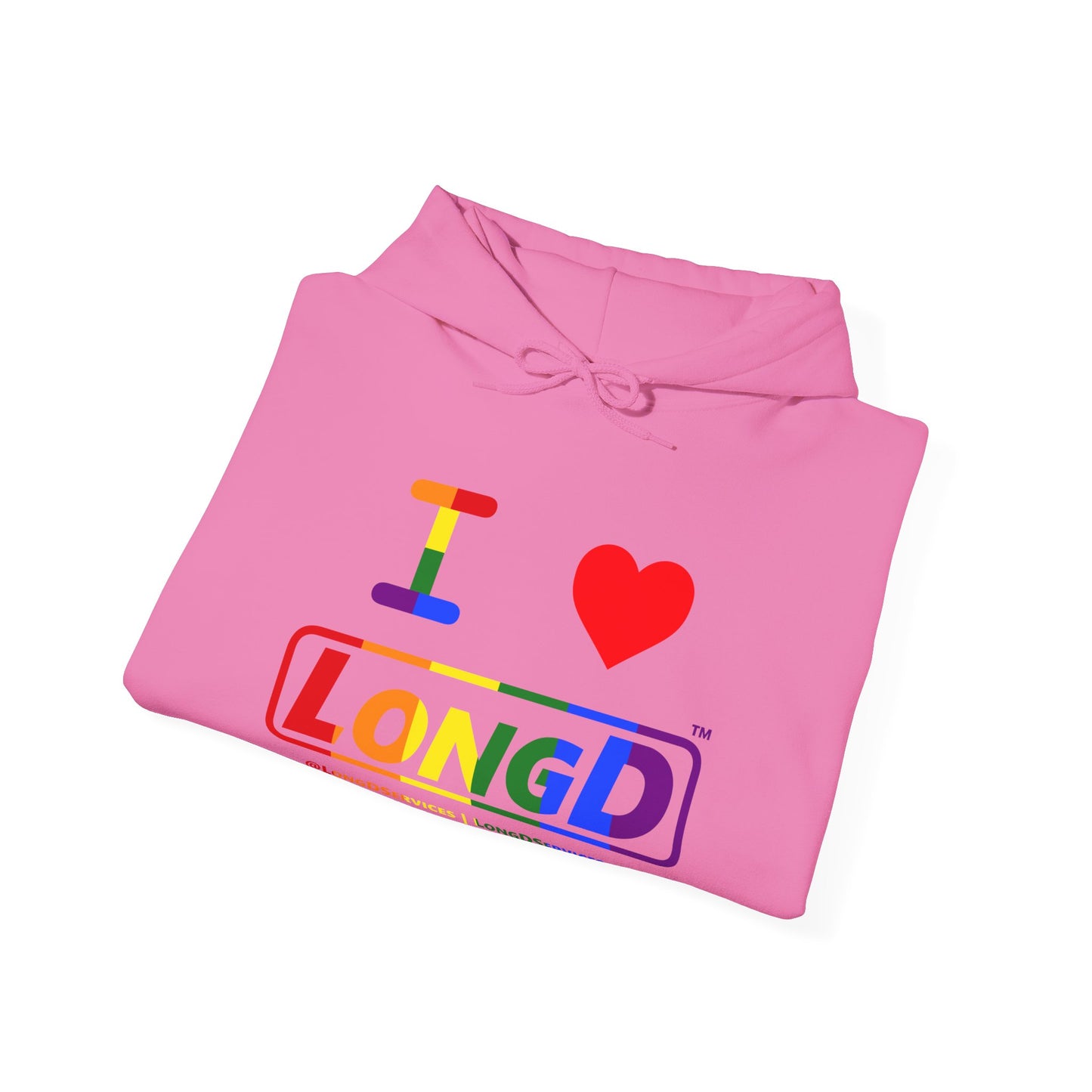 I Luv LongD® Logo Hoodie with Pride rainbow positive text