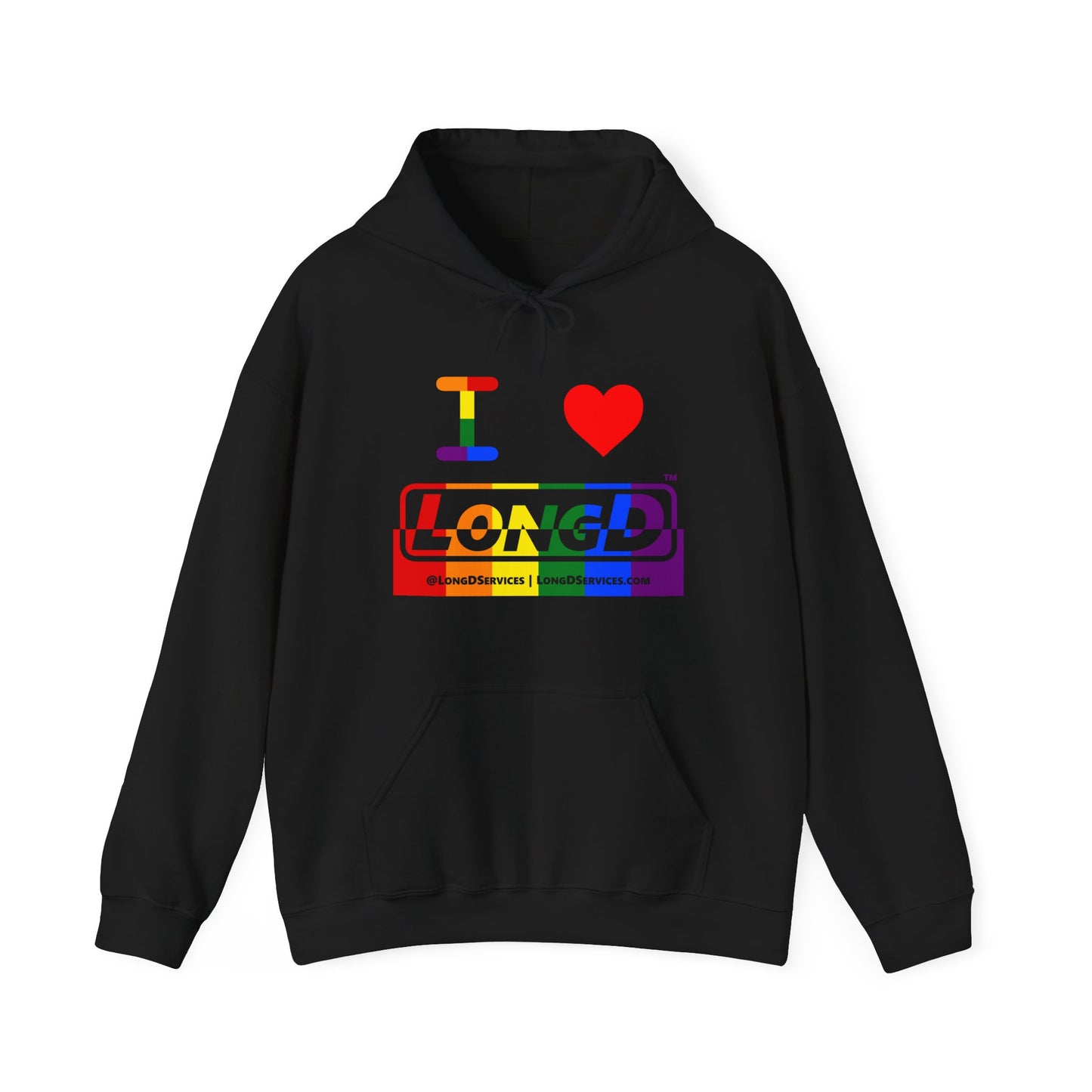 I Luv LongD® Logo Hoodie with Pride rainbow positive top negative bottom text