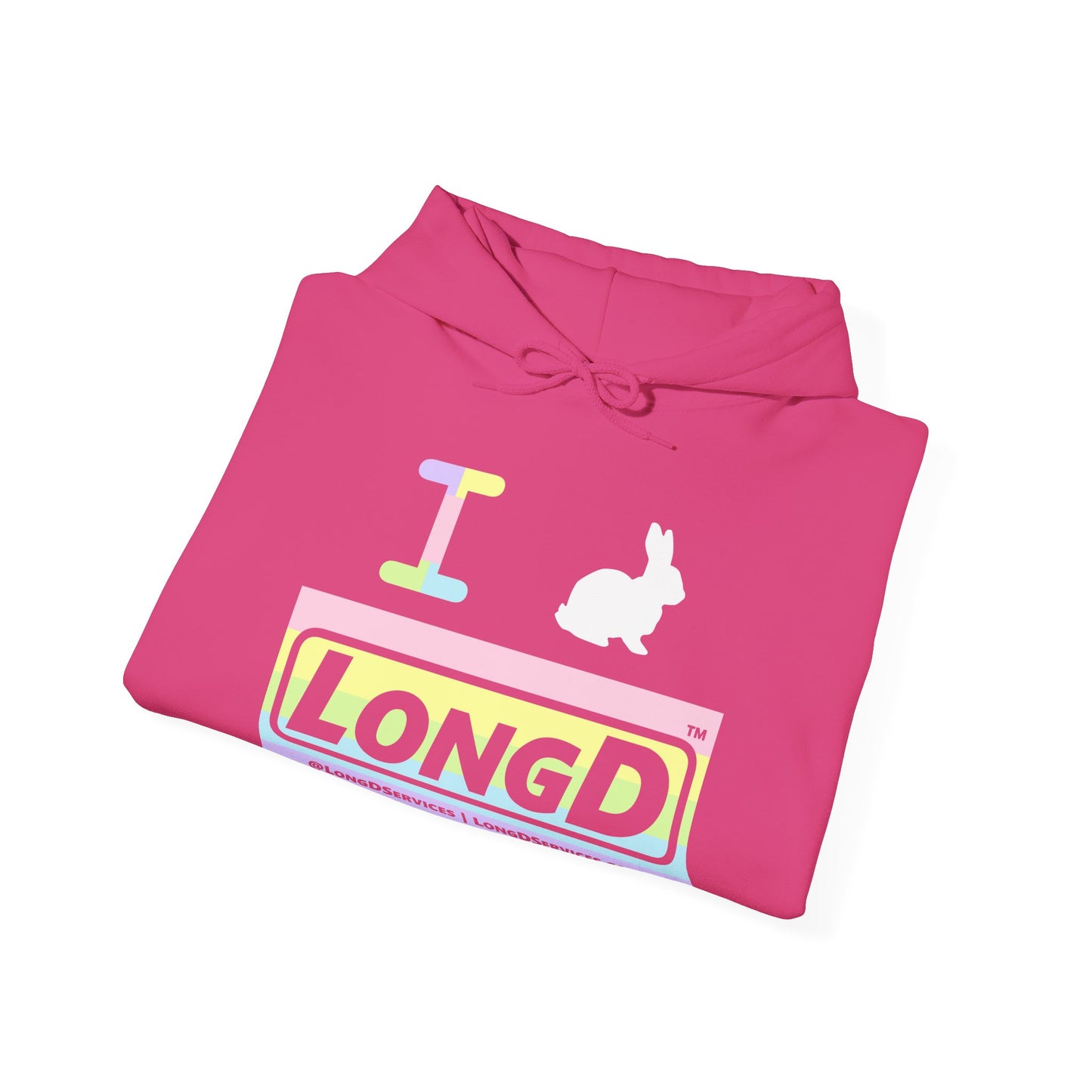 I Bunny LongD® Logo Hoodie Pastel striped negative text (White Easter Bunny)