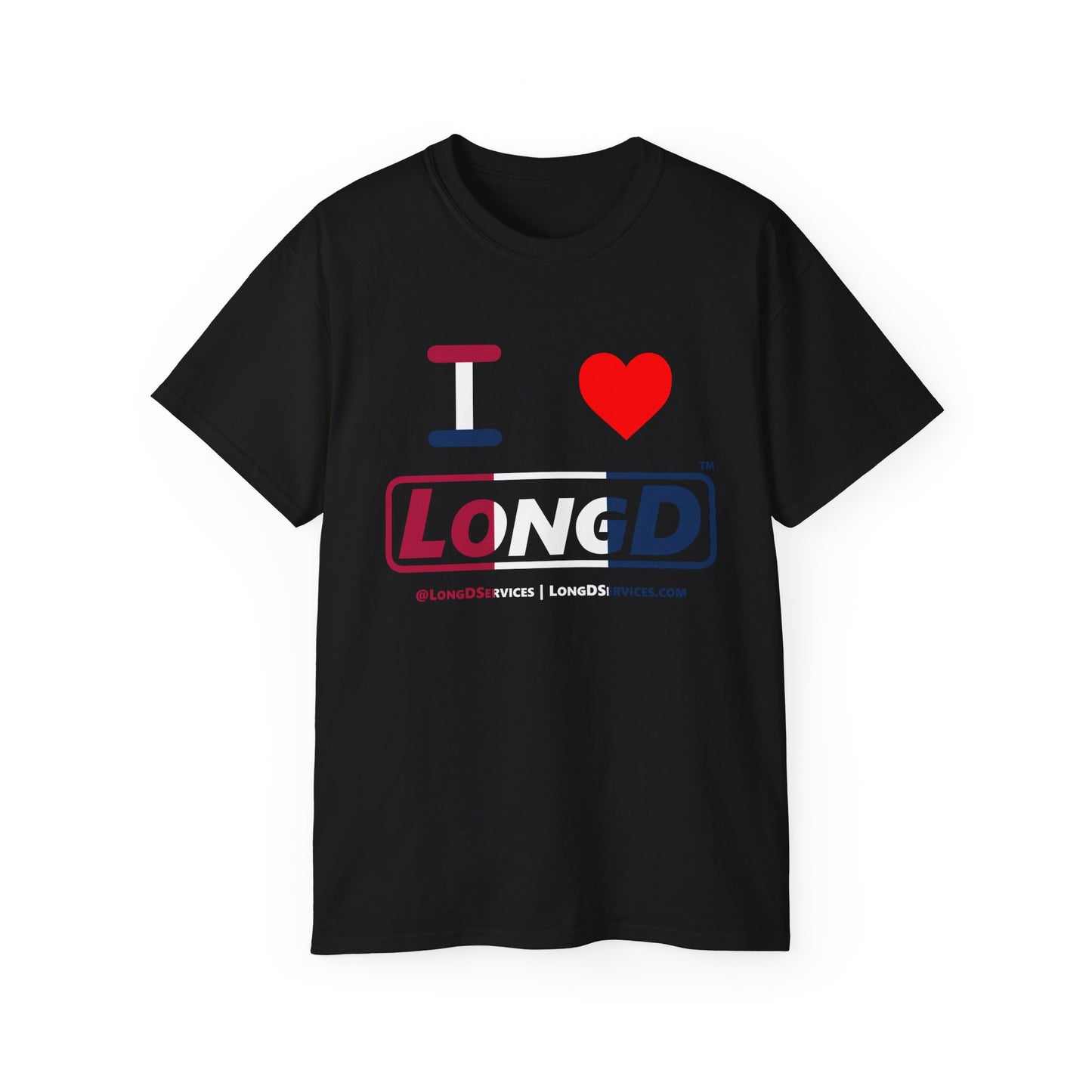 I Luv LongD® Logo Cotton Tee Red, White and Blue positive thirds text