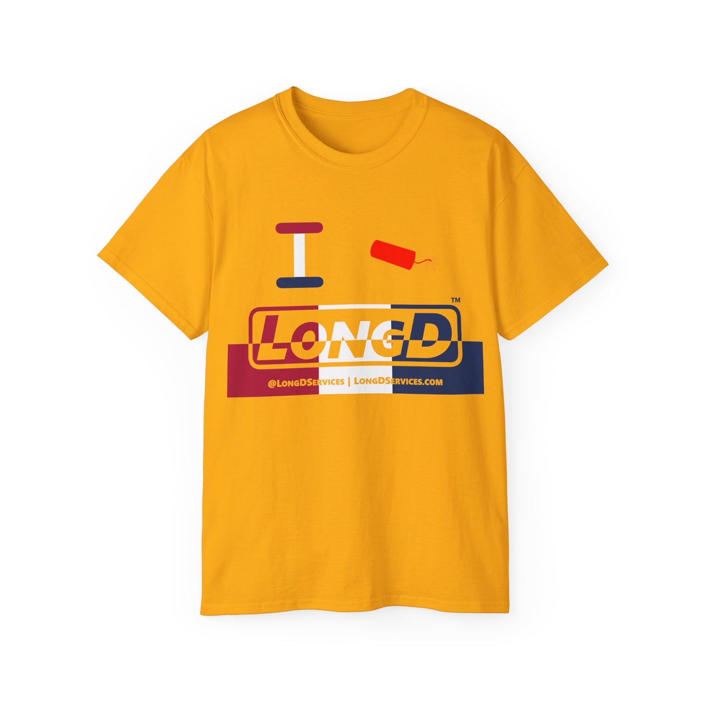 I Firecracker LongD® Logo Cotton Tee Red, White and Blue positive top negative bottom split thirds text