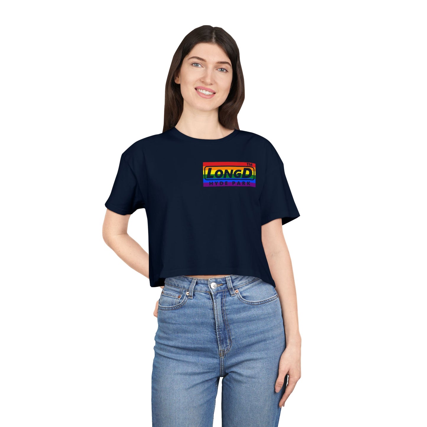 LongD negative horizontal 6-striped single-breasted Hyde Park logo reverse front-back crop tee (Pride colors)