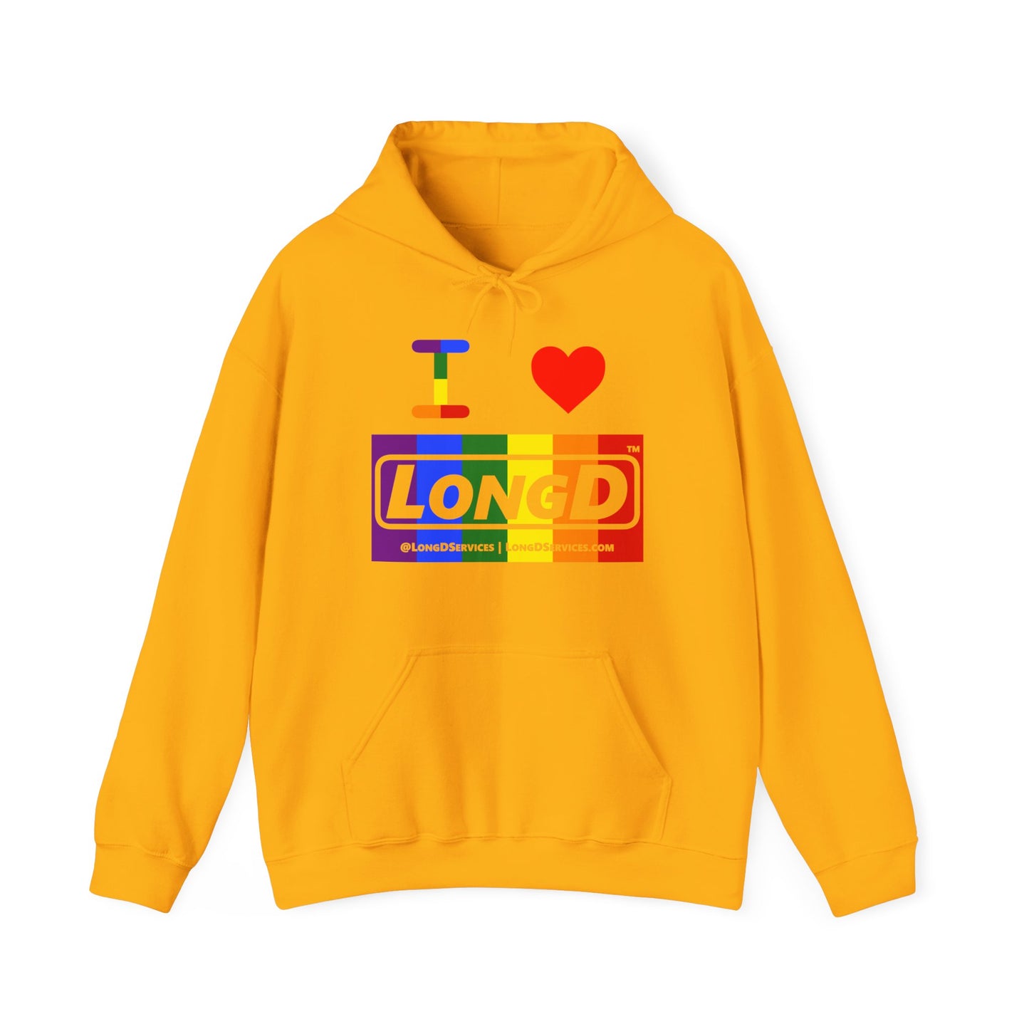 I Luv LongD® Logo Hoodie with Pride rainbow negative text