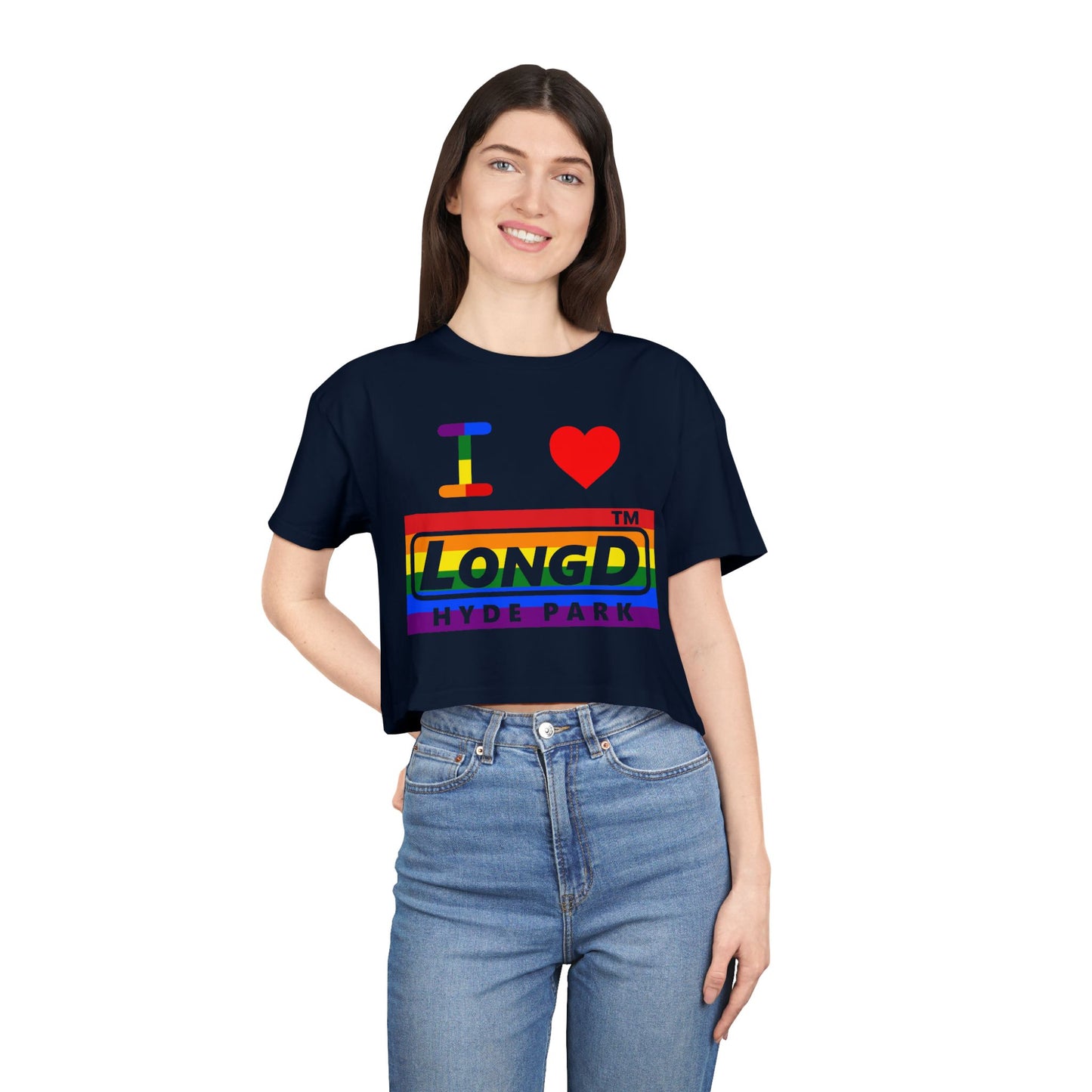 I Luv LongD negative horizontal 6-striped Hyde Park logo crop tee (Pride colors)