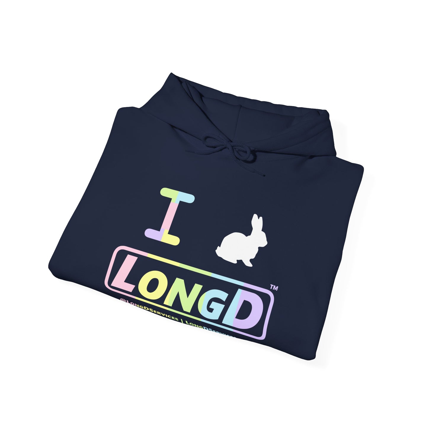 I Bunny LongD® Logo Hoodie Pastel spectrum text (White Easter Bunny)