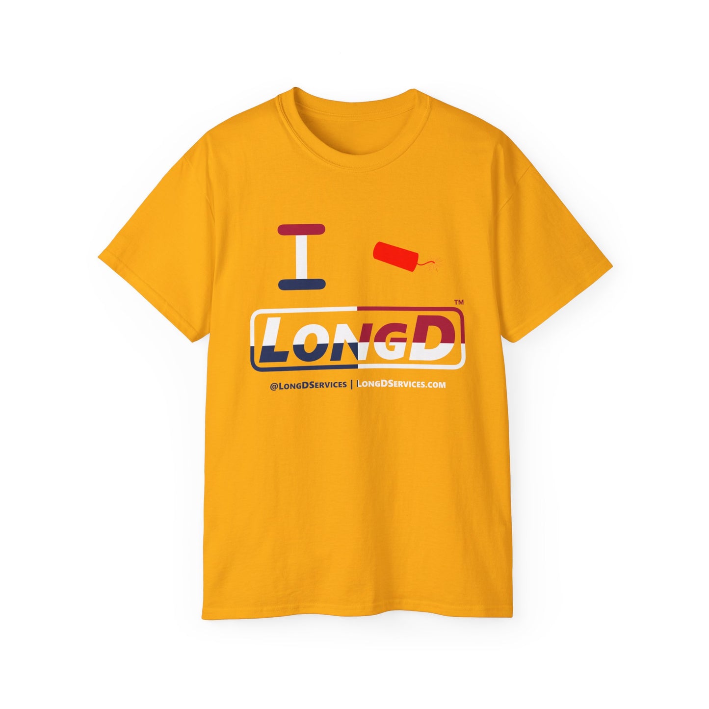 I Firecracker LongD® Logo Cotton Tee Red, White and Blue positive quarters text