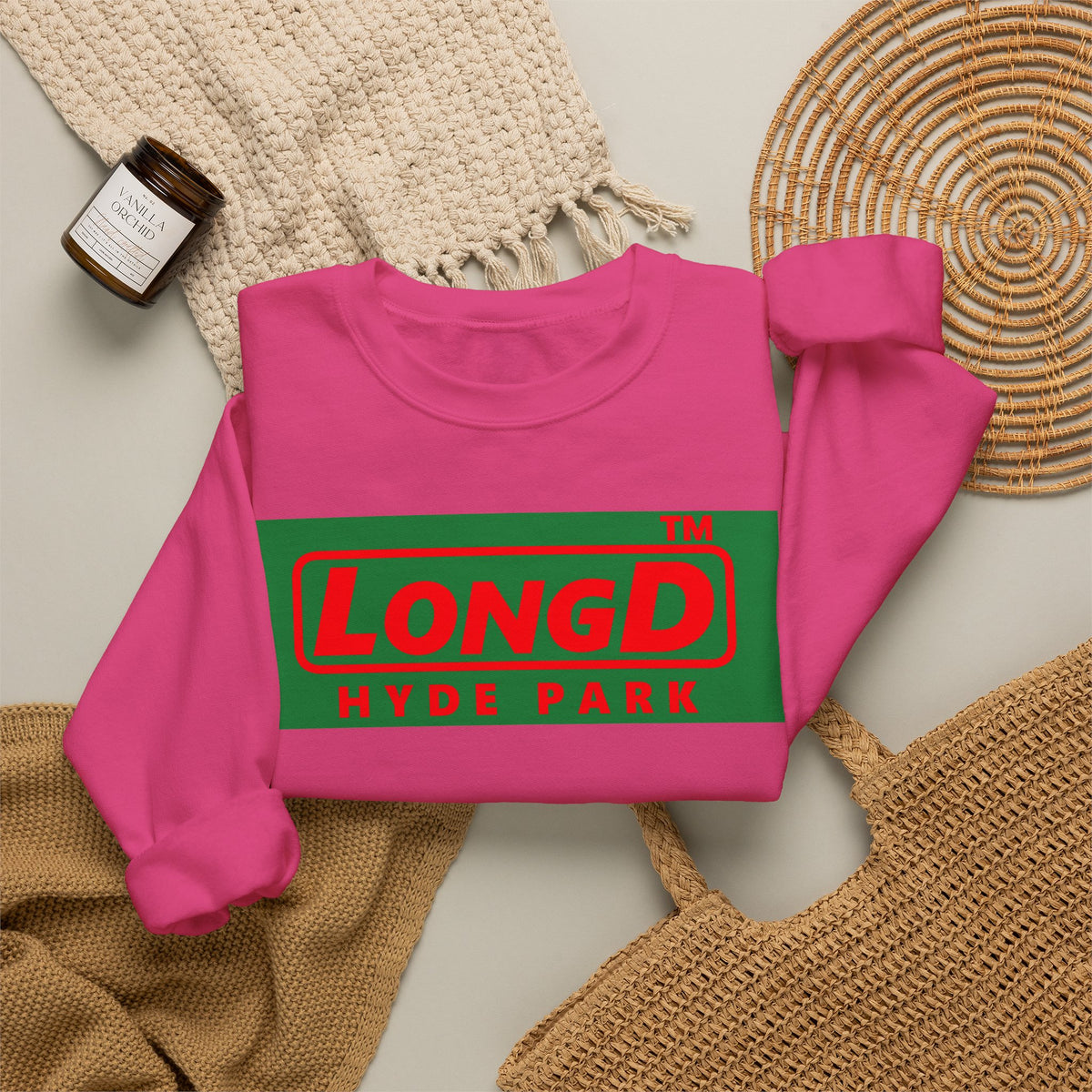 LongD Hyde Park logo positive red on negative green (Xmas colors) crewneck sweatshirt