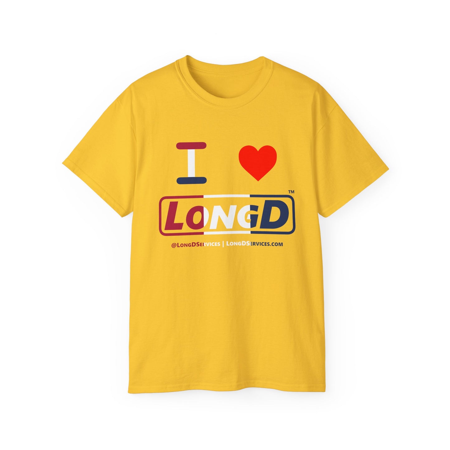 I Luv LongD® Logo Cotton Tee Red, White and Blue positive thirds text