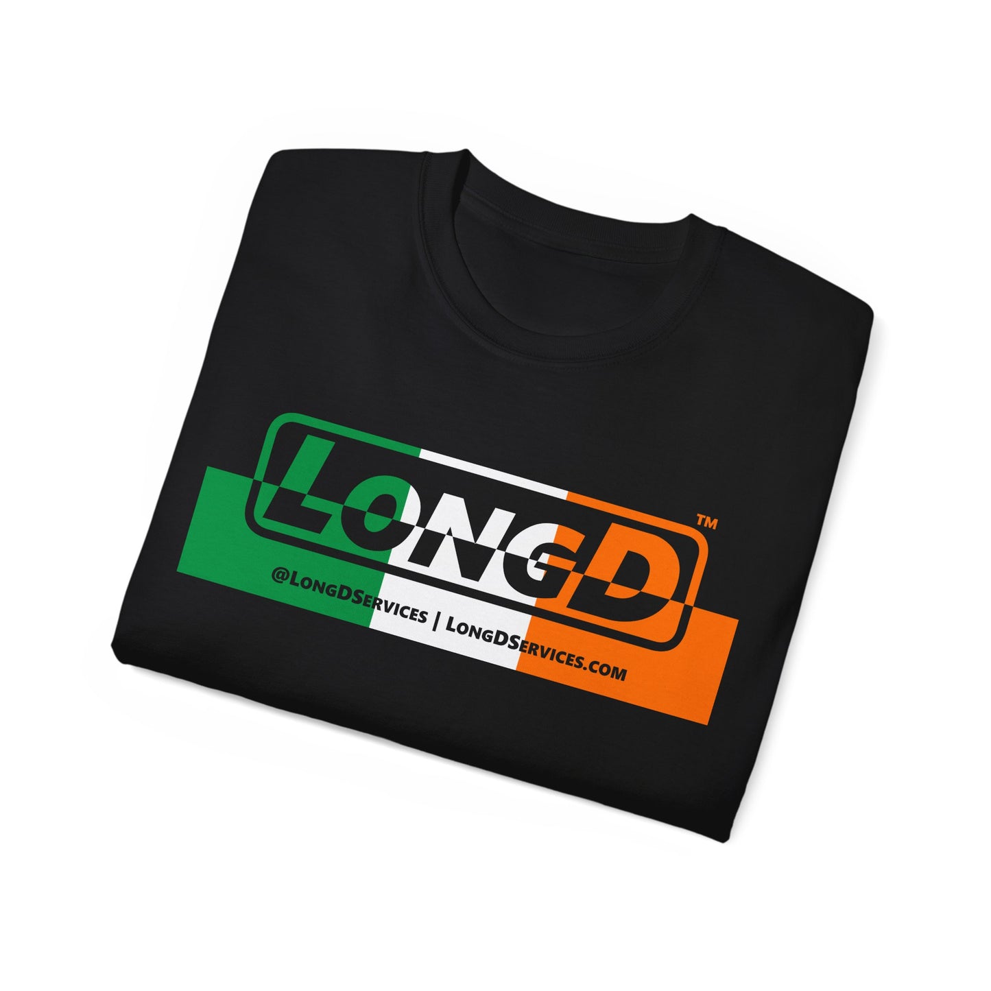 LongD® Logo Cotton Tee (St. Patrick's Day -Irish Green, White and Irish Orange thirds top-bottom positive-negative split)