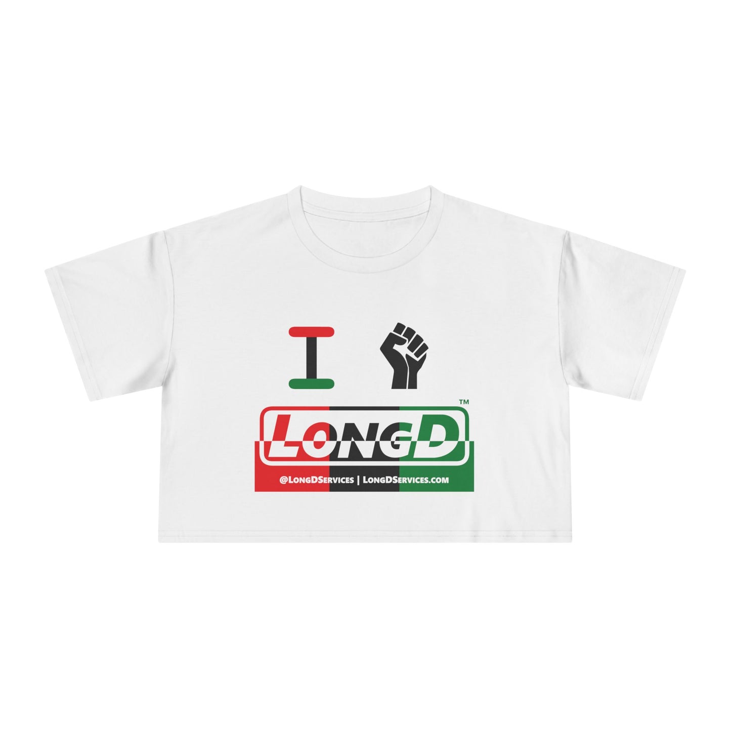 I Fist LongD Logo Women's Crop Tee (Black fist and Juneteenth positive top negative bottom thirds logo)