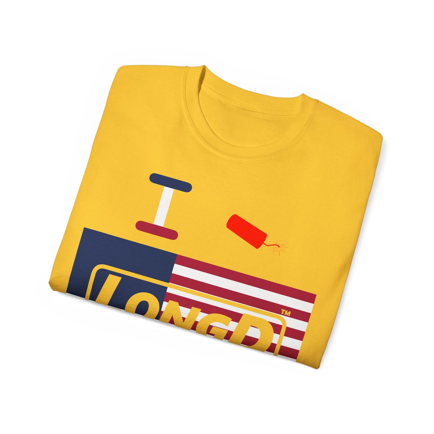 I Firecracker LongD® Logo Cotton Tee Red, White and Blue negative flag text