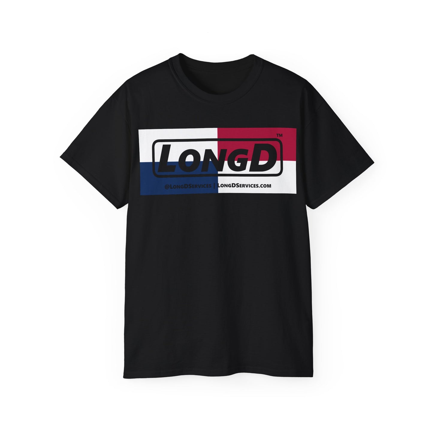 LongD® Logo Cotton Tee Red, White and Blue negative quarters text