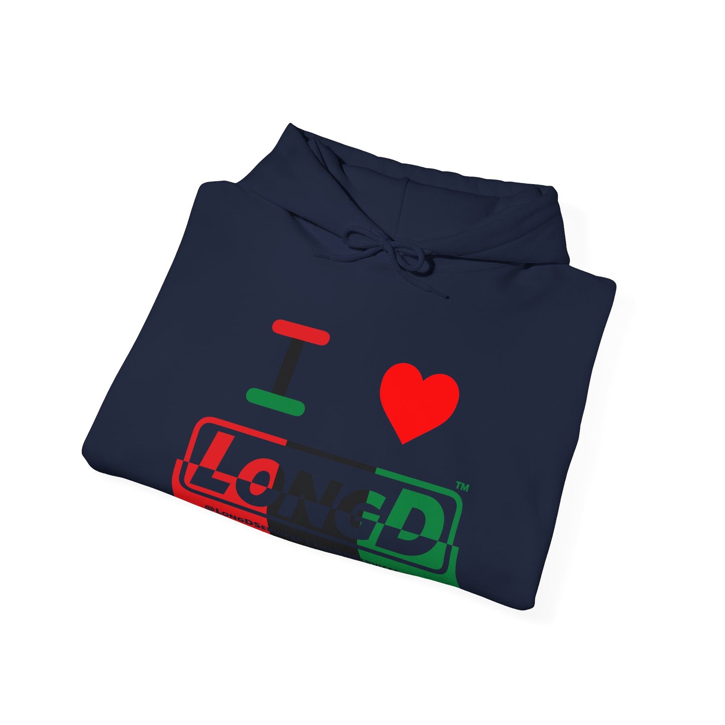 I Luv LongD® Logo Hoodie with Juneteenth positive top negative bottom text
