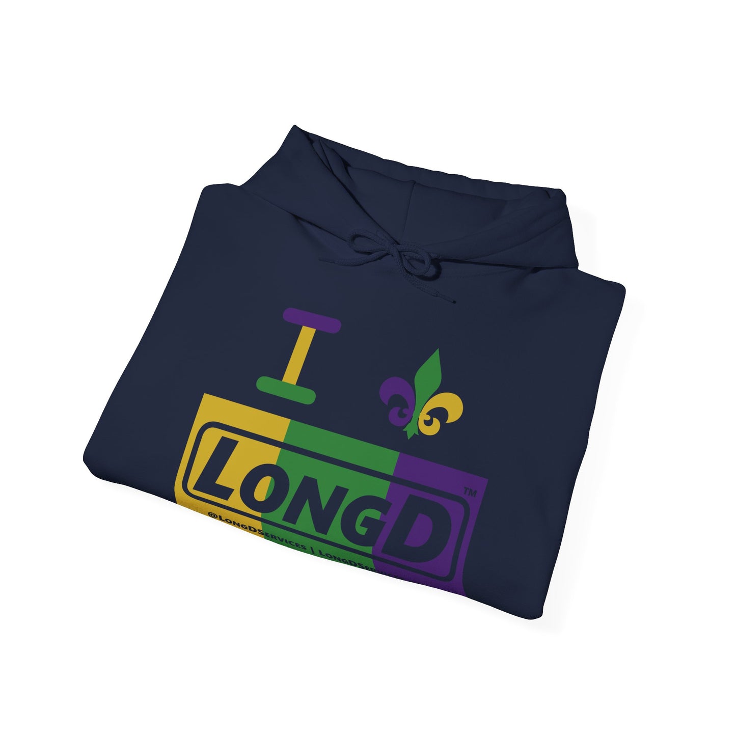 I Fleur LongD® Logo Hoodie (Mardi Gras Forest Green-Royal Purple-Goldenrod Yellow negative text)