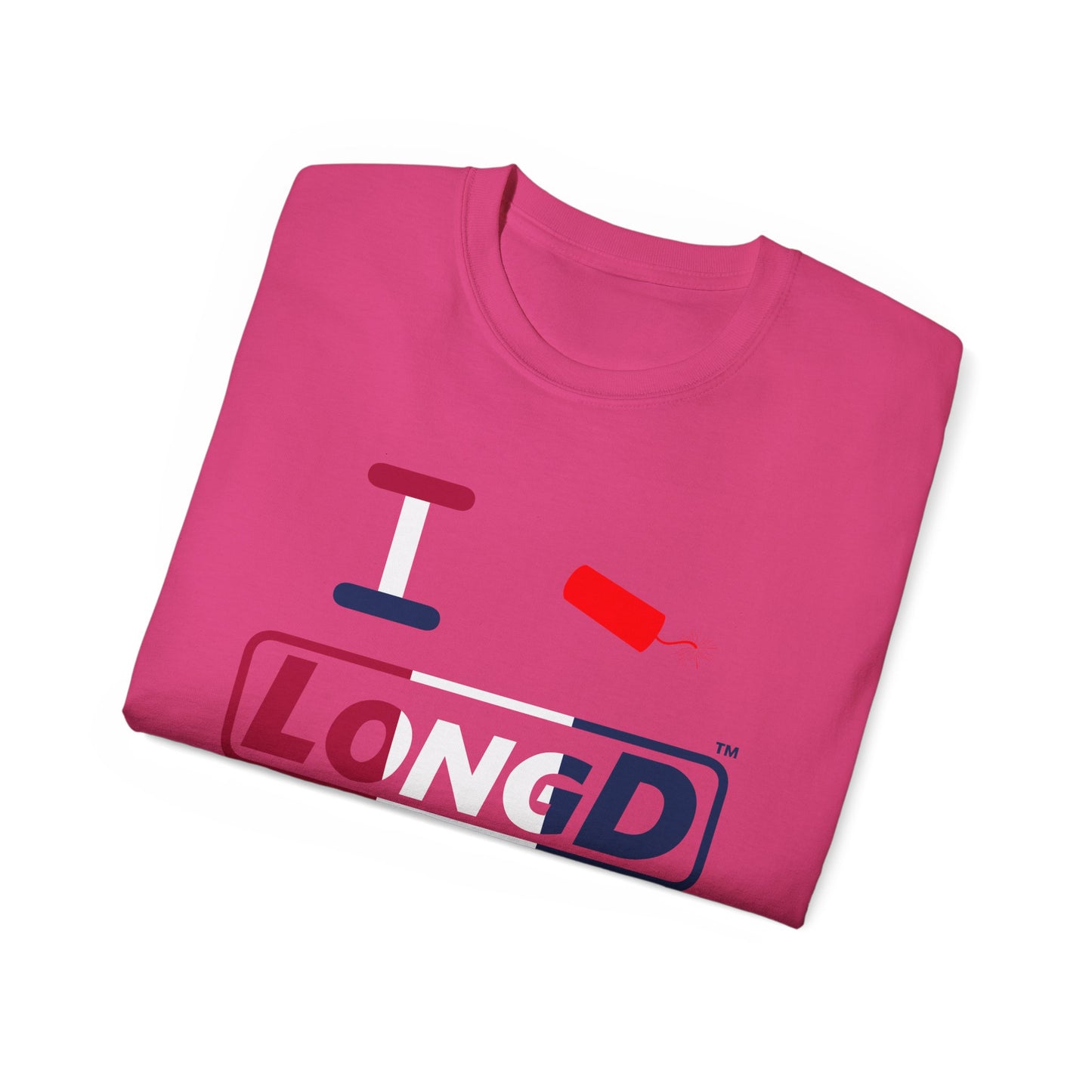 I Firecracker LongD® Logo Cotton Tee Red, White and Blue positive thirds text