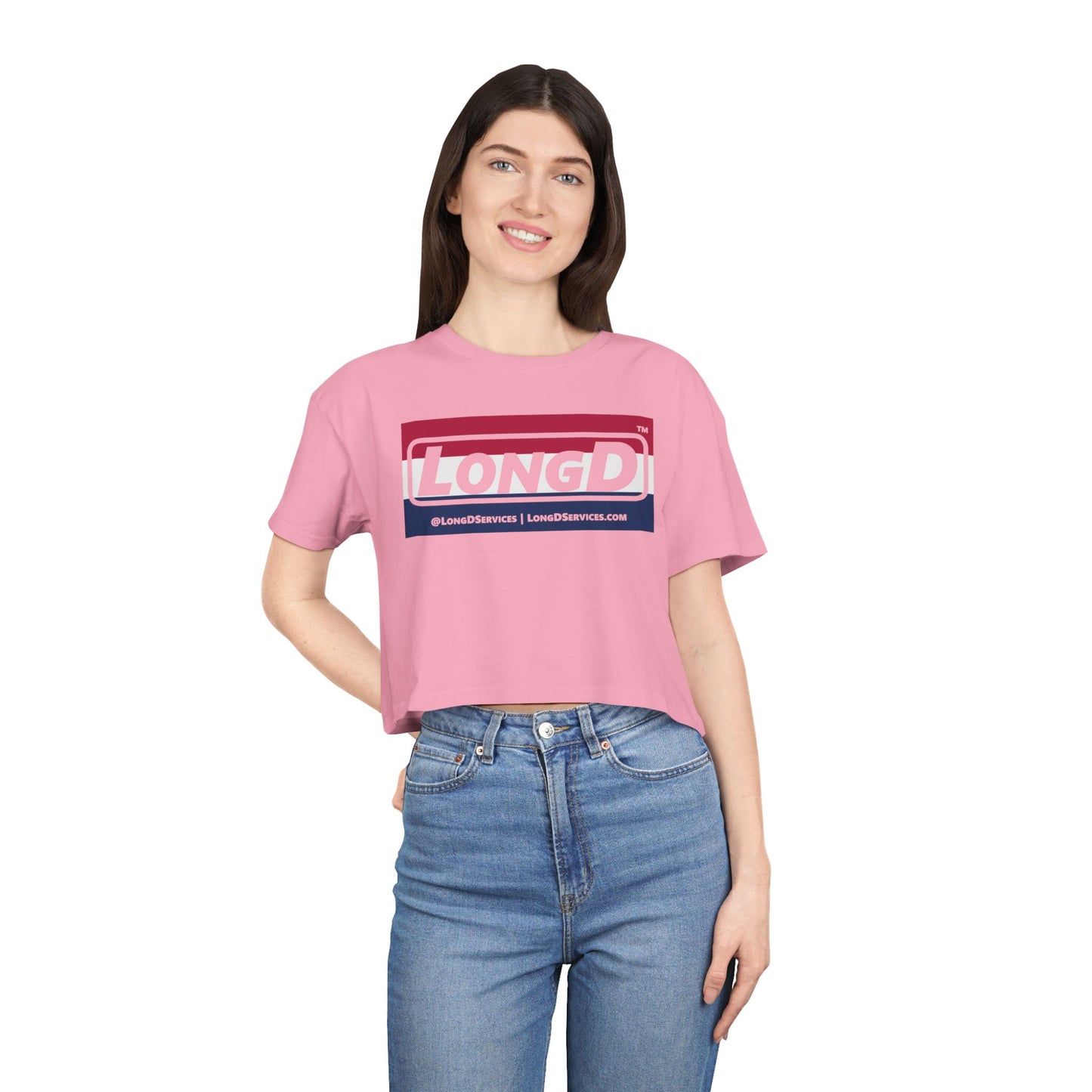 LongD Logo Women's Crop Tee Red, White & Blue negative striped text