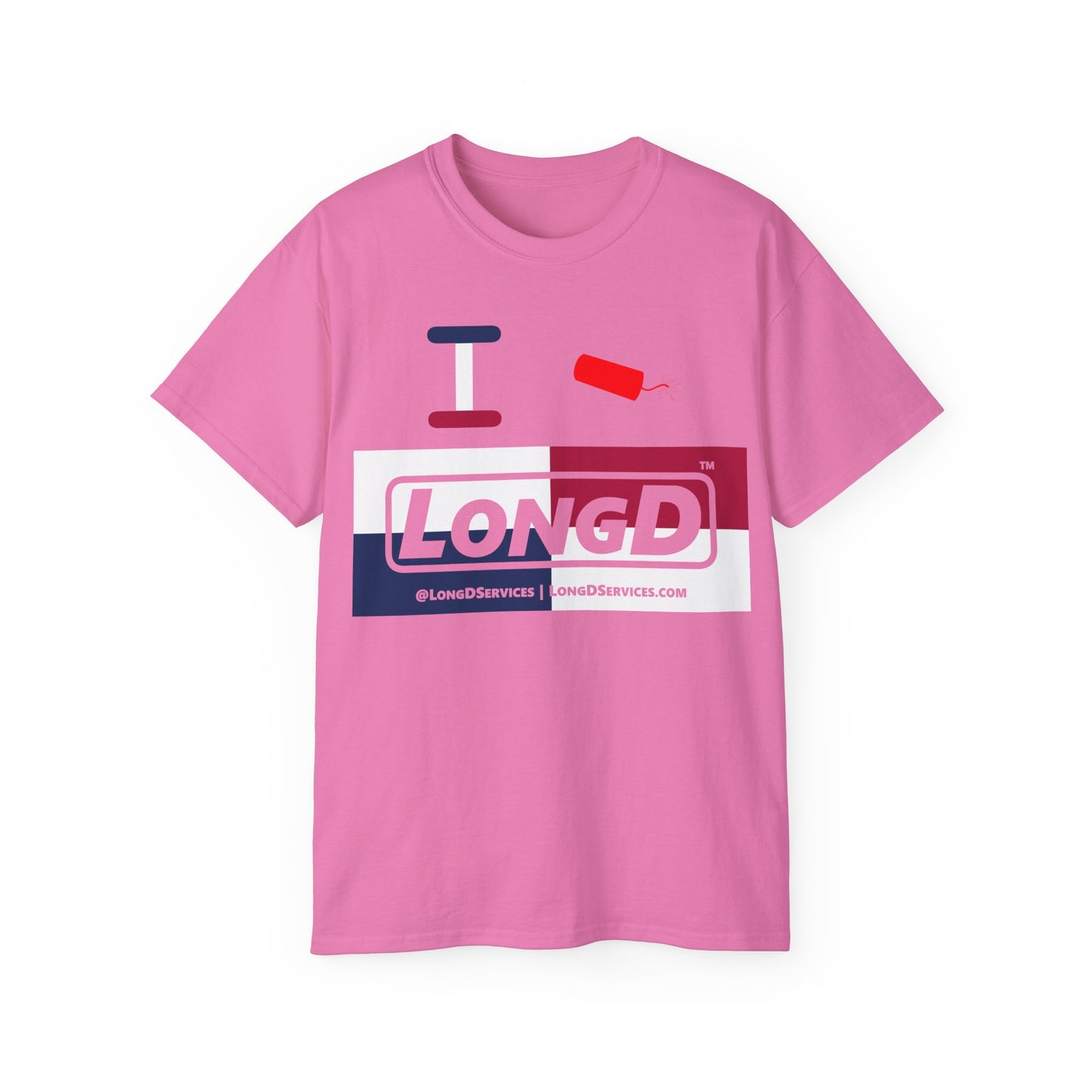 I Firecracker LongD® Logo Cotton Tee Red, White and Blue negative quarters text