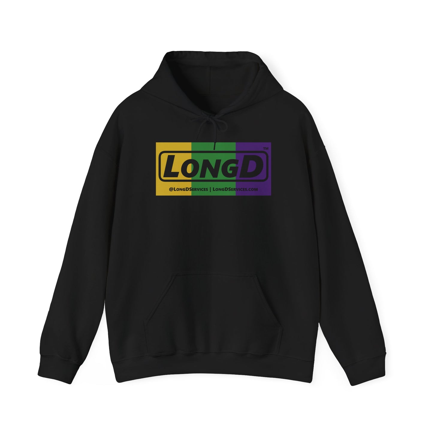 LongD® Logo Hoodie (Mardi Gras Forest Green-Royal Purple-Goldenrod Yellow negative text)