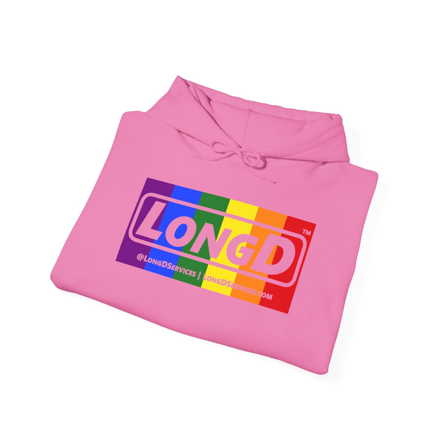 LongD® Logo Hoodie with Pride rainbow negative text