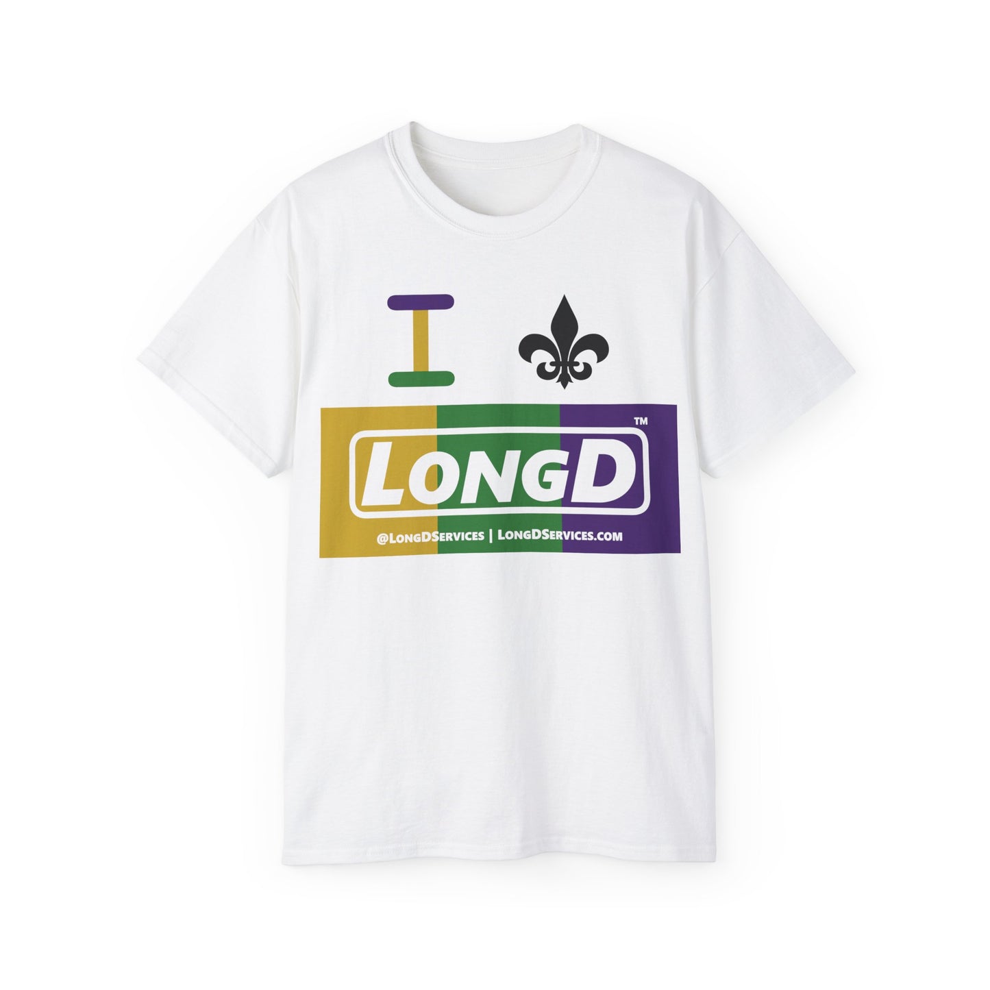 I Fleur LongD® Logo Cotton Tee (Mardi Gras colored text and negative logo & black fleur de lis)