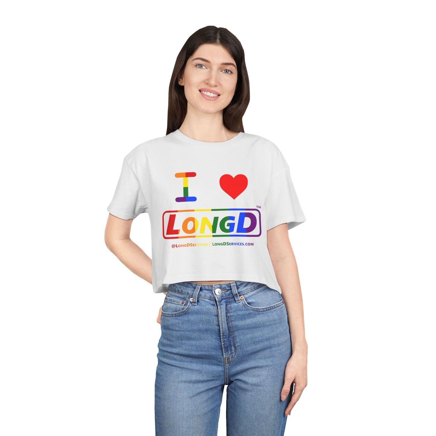 I Luv LongD Logo Women's Crop Tee (Pride color rainbow positive logo)