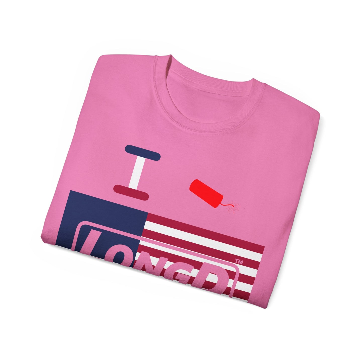 I Firecracker LongD® Logo Cotton Tee Red, White and Blue negative flag text
