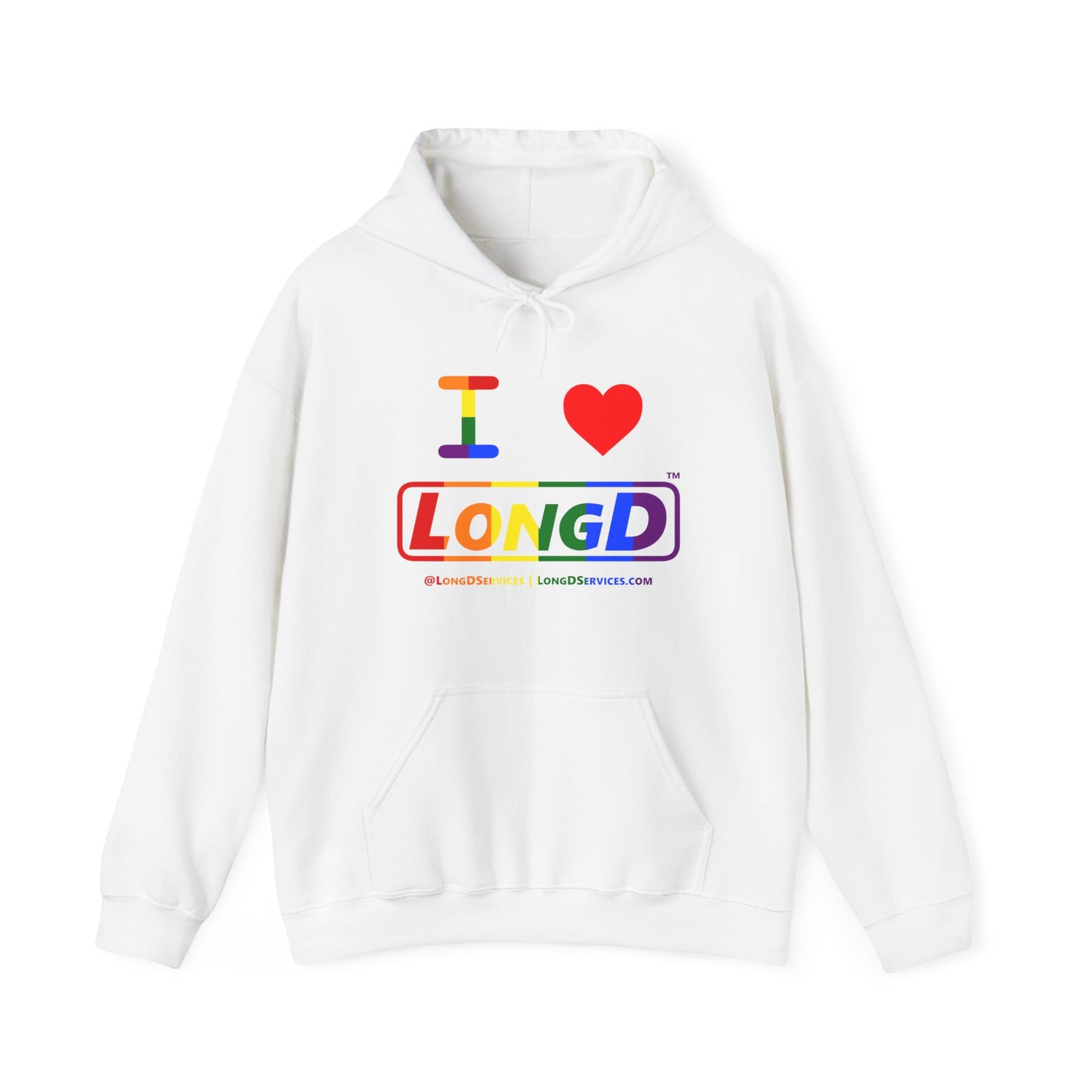 I Luv LongD® Logo Hoodie with Pride rainbow positive text
