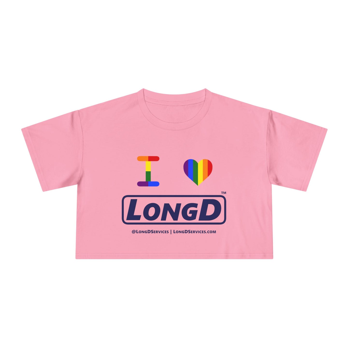 I Luv LongD Logo Women's Crop Tee (Official logo-Pride color rainbow heart and text)