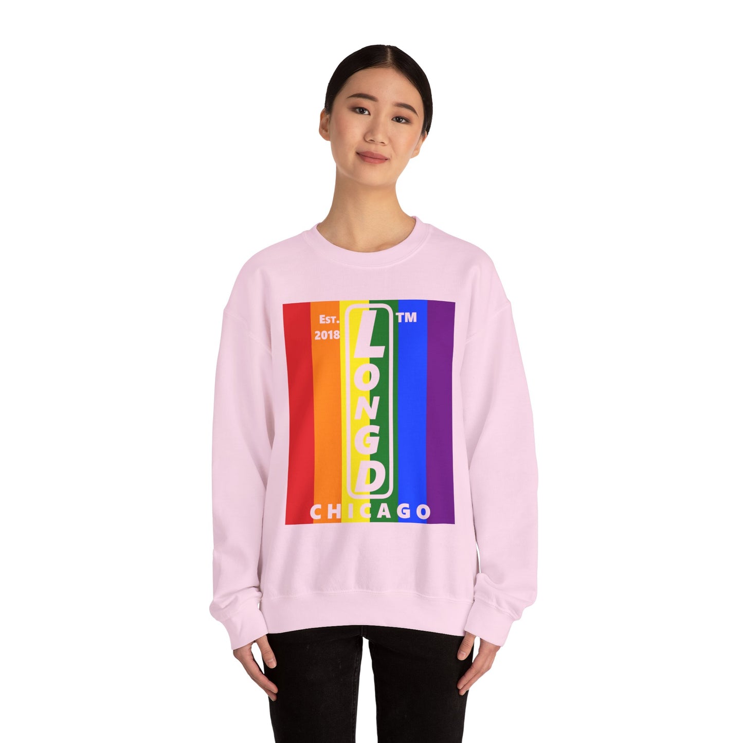 LongD negative cropped flag Chicago upright logo crewneck sweatshirt (Pride colors)