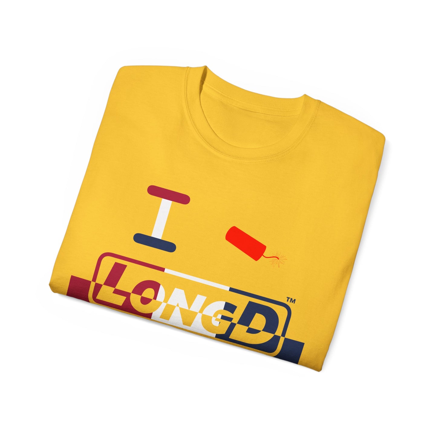 I Firecracker LongD® Logo Cotton Tee Red, White and Blue positive top negative bottom split thirds text