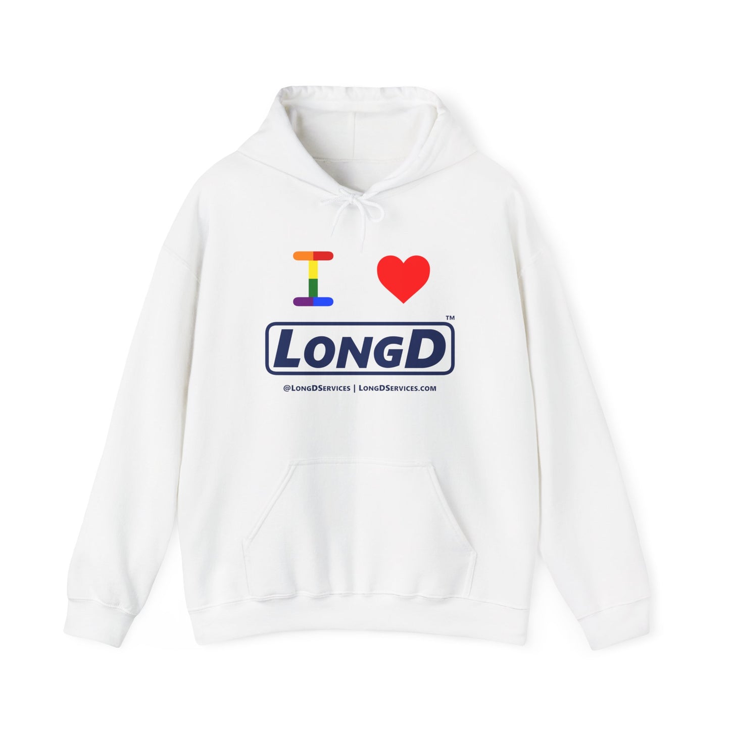 I Luv LongD® Official Logo Hoodie with Pride rainbow "I" and positive logo text