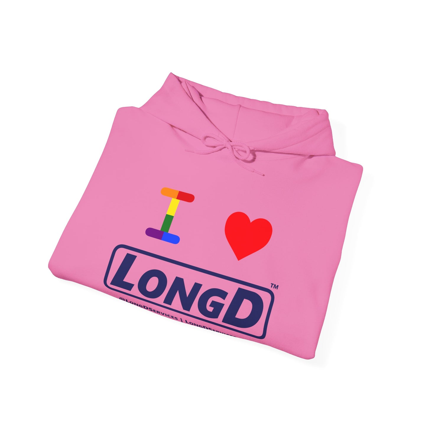 I Luv LongD® Official Logo Hoodie with Pride rainbow "I" and positive logo text
