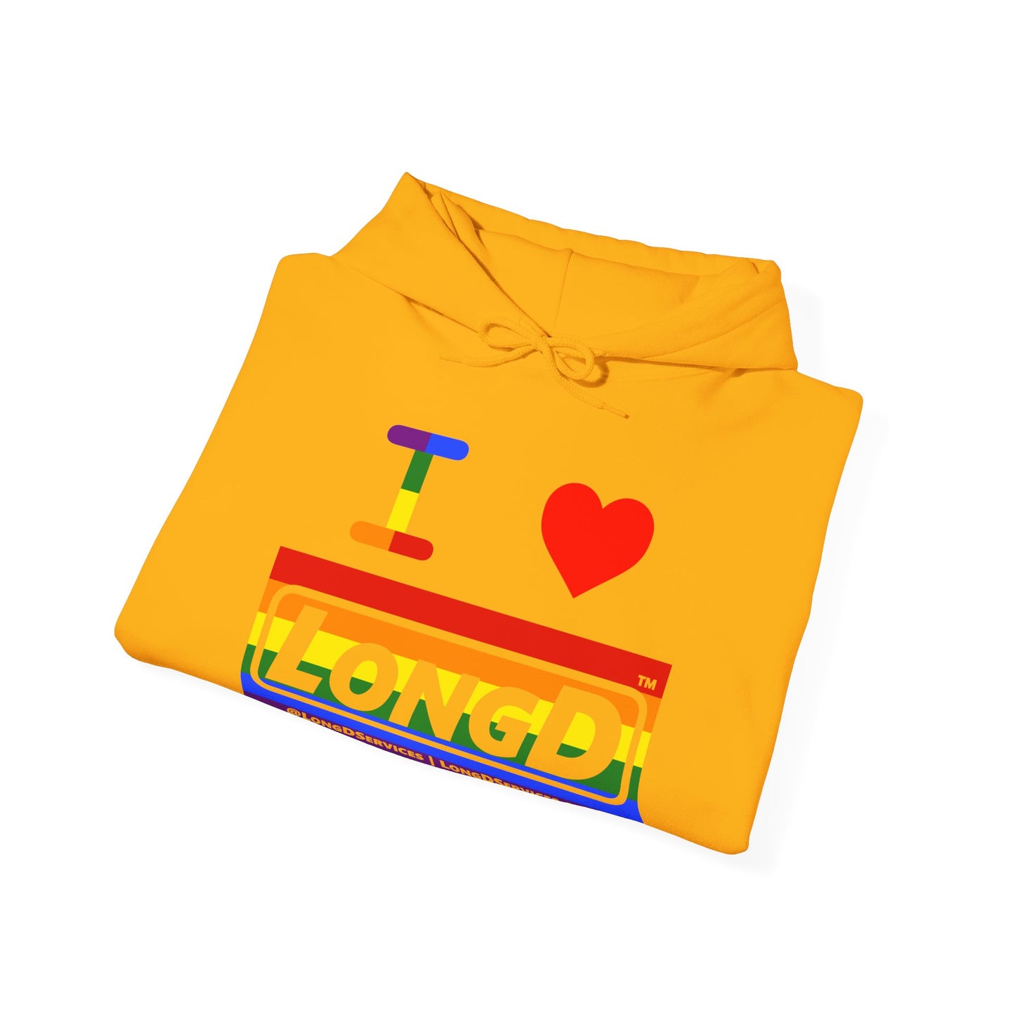 I Luv LongD® Logo Hoodie with Pride rainbow striped negative text