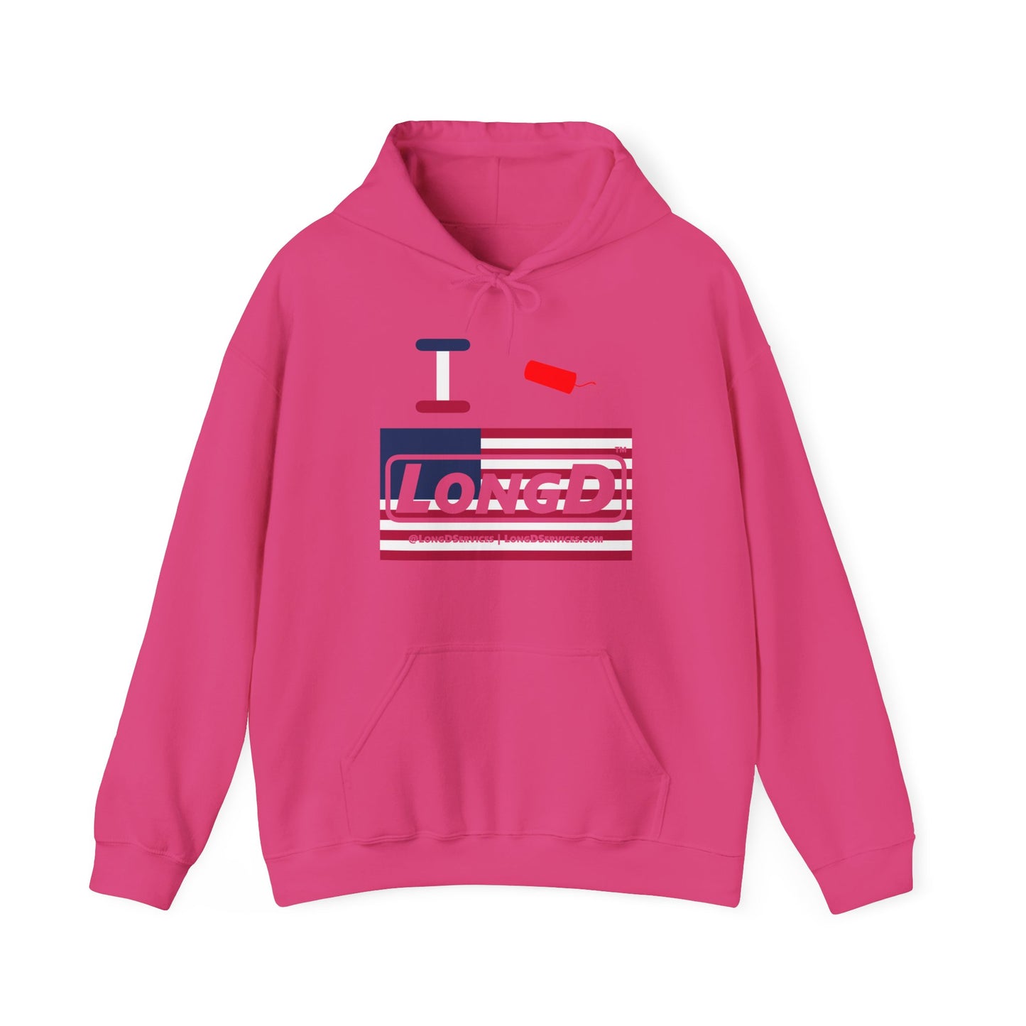 I Firecracker LongD® Logo Hoodie red, white and blue negative flag