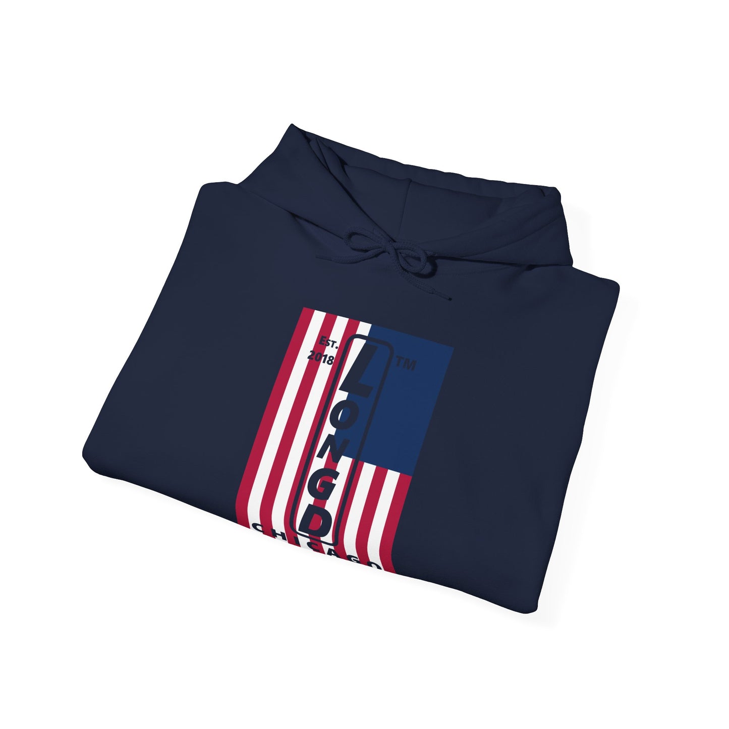 LongD® negative cropped flag upright Chicago logo hoodie