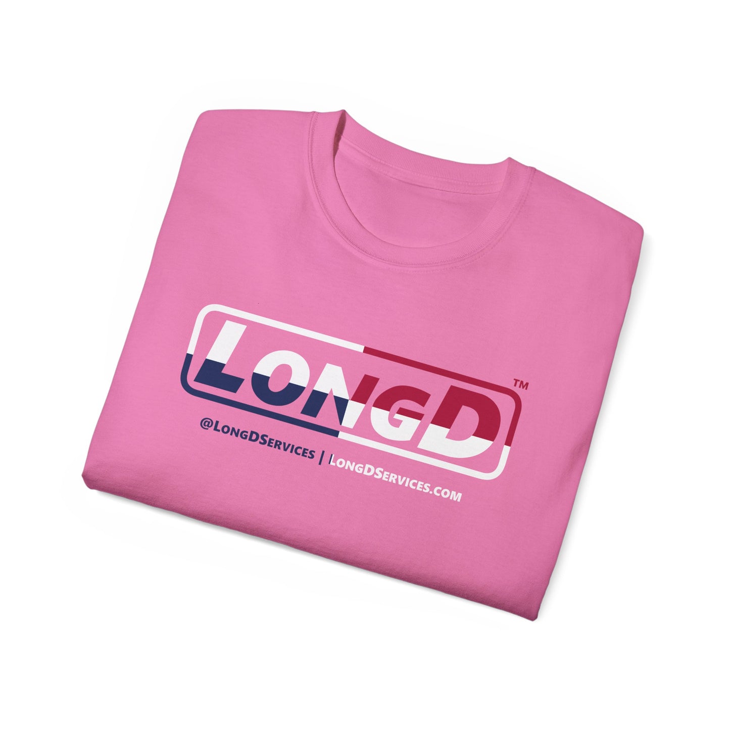 LongD® Logo Cotton Tee Red, White and Blue positive quarters text