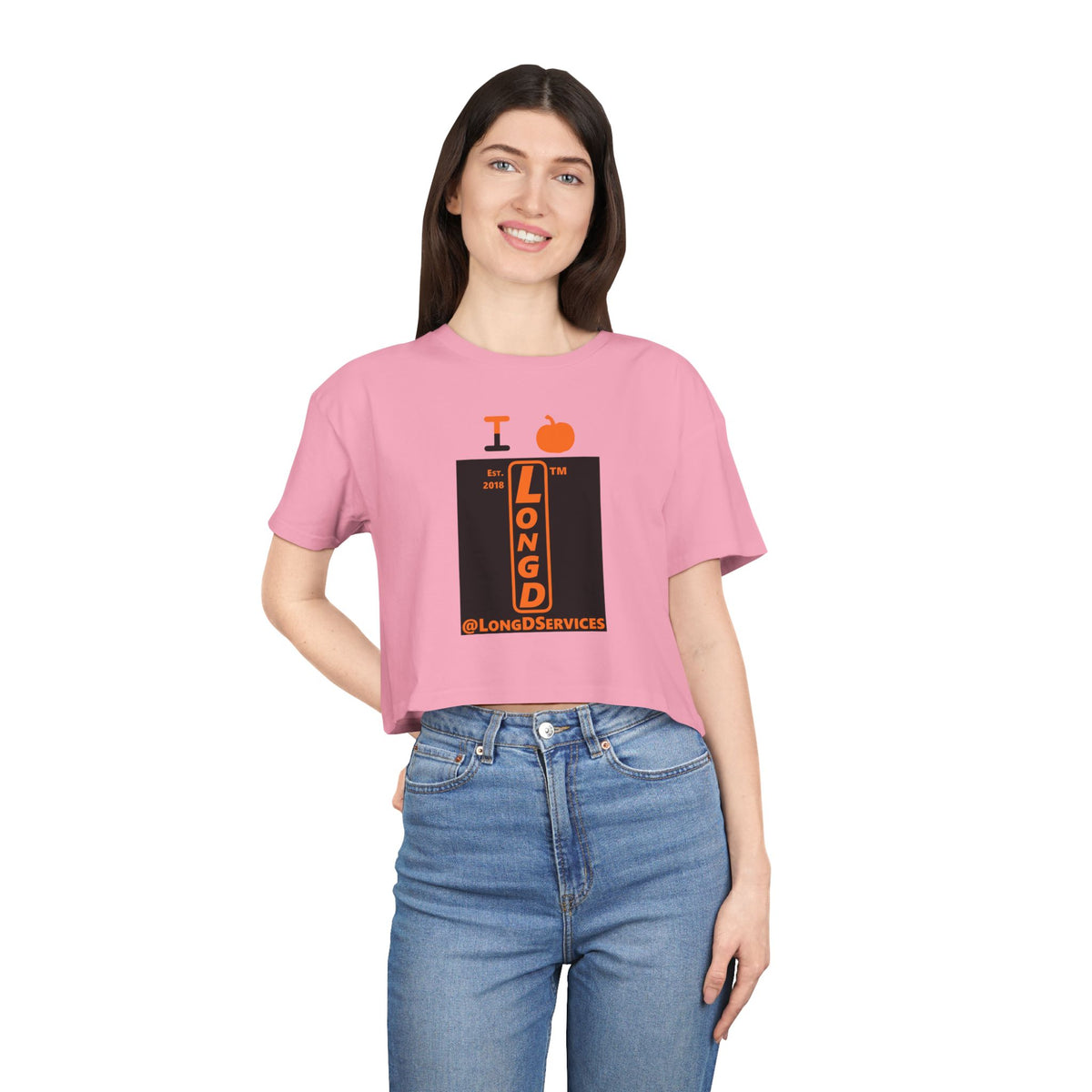 I pumpkin LongD Tag upright logo positive orange on negative black crop tee