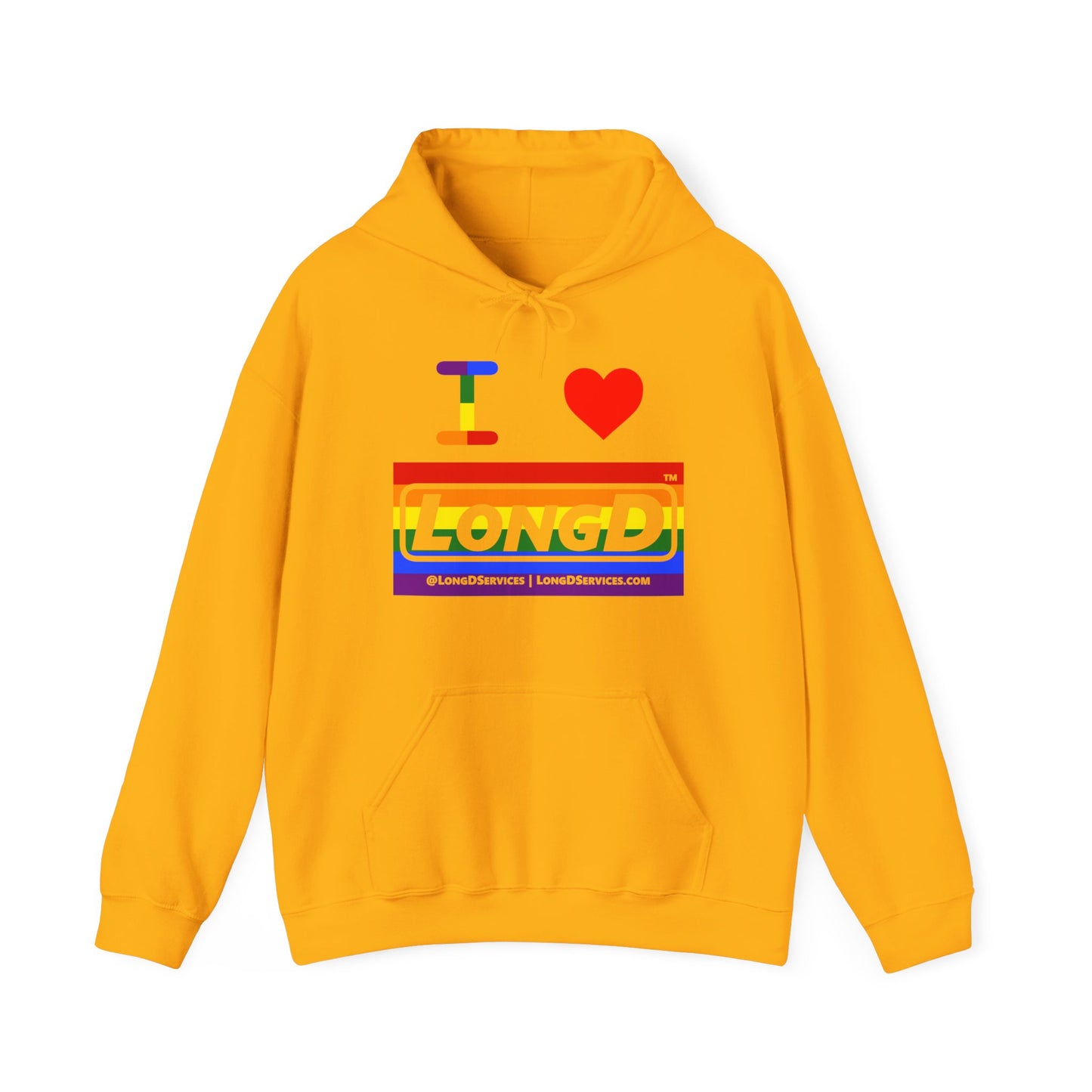 I Luv LongD® Logo Hoodie with Pride rainbow striped negative text