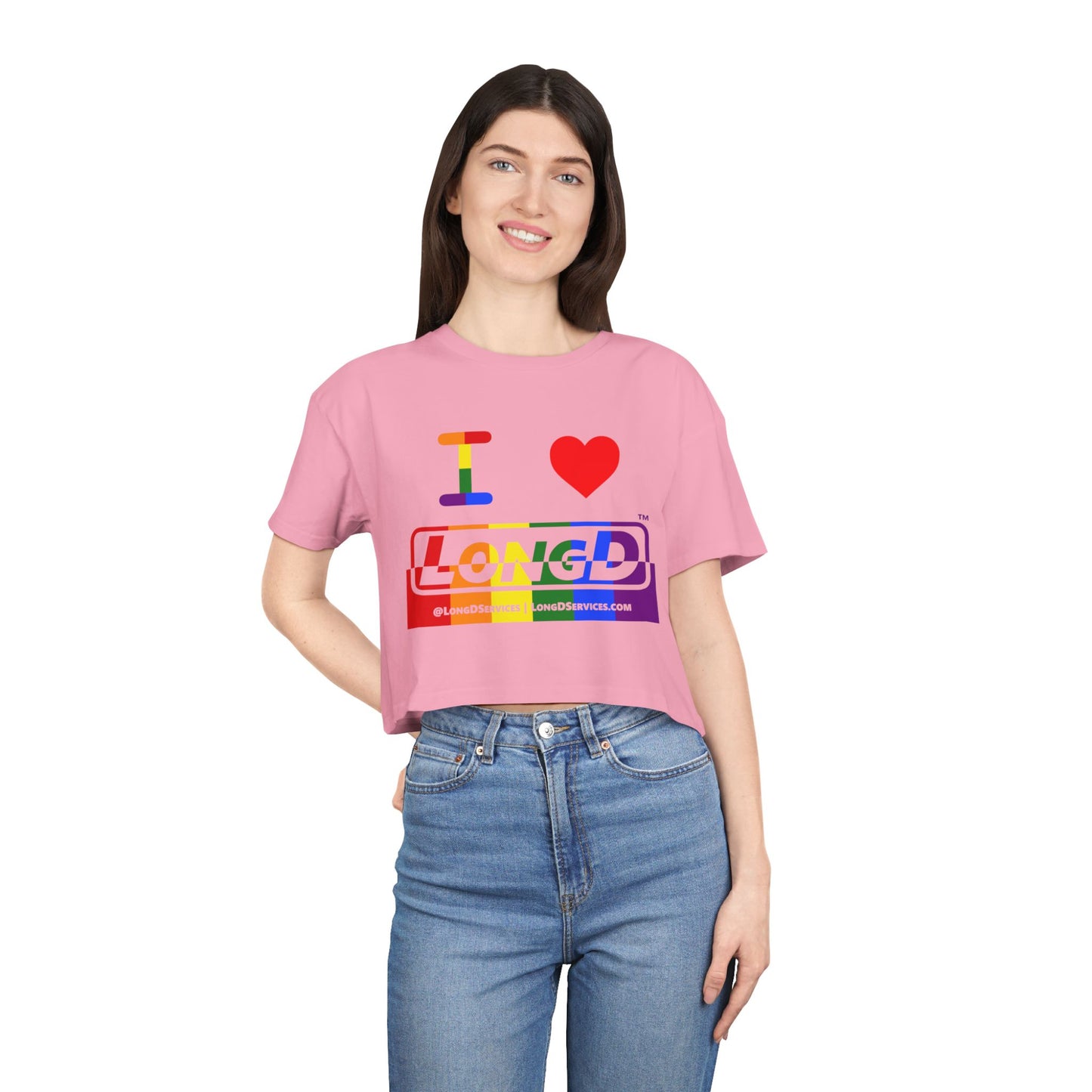 I Luv LongD Logo Women's Crop Tee (Pride color rainbow positive top negative bottom logo)