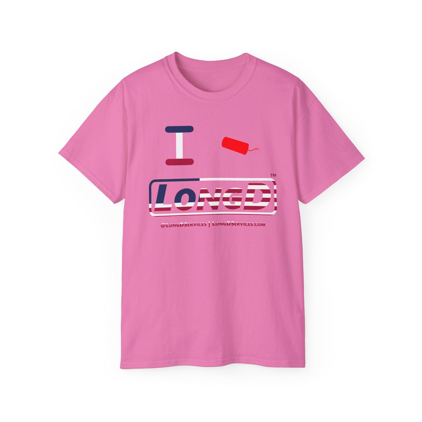 I Firecracker LongD® Logo Cotton Tee Red, White and Blue positive flag